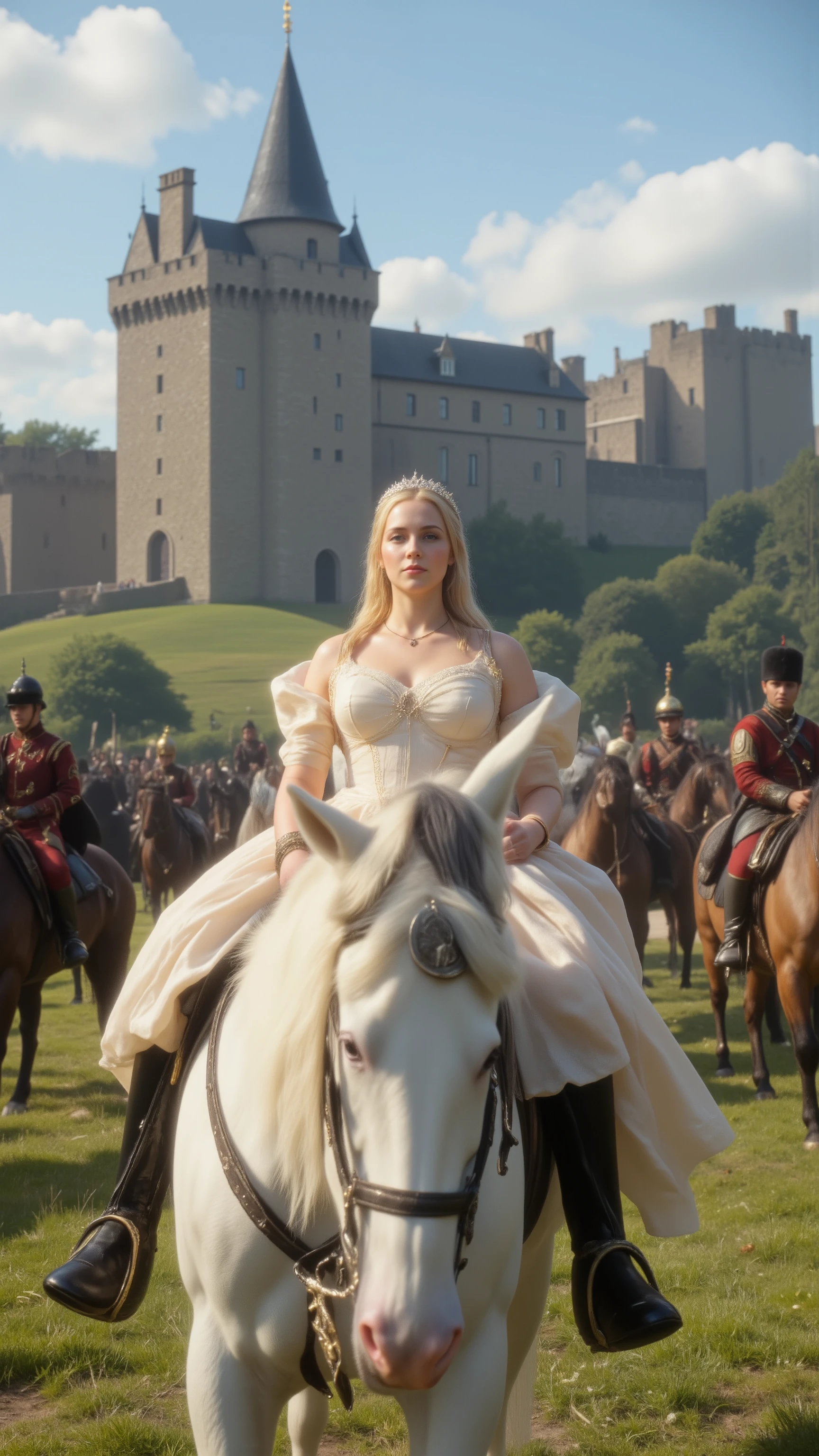 8K picture、 Princess Charlotte on a White Horse、 護衛の騎馬とCharlotte Castle Background