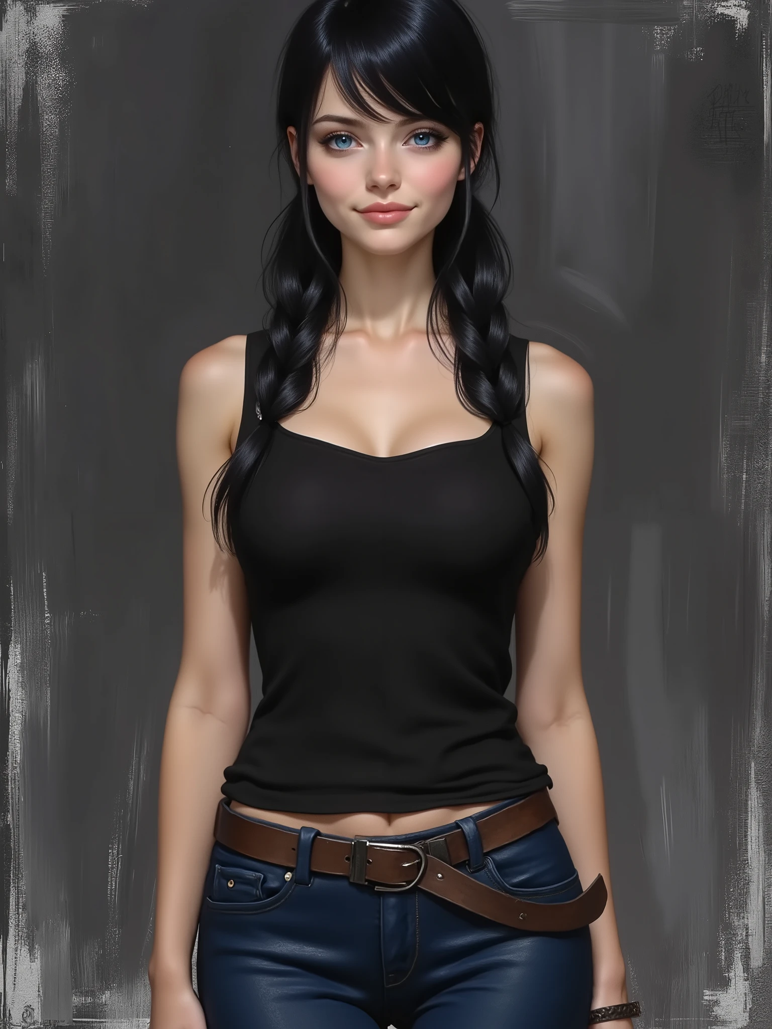 sketch painting, marinette Dopanchan, A very beautiful and cute 22 year old woman. (Sharp focus on the face:1.5), (blue eyes:1.5), (((western eyes))), (extremely detailed blue eyes:1.5), (((beautiful eyes, beautifully detailed eyes))), (((delicately detailed thin pink lips))), (((long hair))), (thin waist), (perfect thighs:1.5), (perfect body:1.5), (perfect anatomy), (anatomical correct). (jet-black medieval style sleeveless t-shirt:1.5), (dark_blue medieval style leather warrior pants:1.5), deep gaze, slight smile. (((The background is dark_gray and painted with expressive, visible textures using dynamic brushstrokes and strokes that add depth and movement. The paint covers only the area just behind the subject. The outer edges of the image with black margins, as if the background had been painted with a brush and with expressive and visible textures using dynamic brushstrokes and strokes fading toward the edges creating a modern and artistic vignette effect))). Cinematic lighting, vibrant colors, (cowboy shot:1.5, standing:1.5), (full body view), looking at the viewer, dynamic pose, graceful pose, soft depth of field, (masterpiece:1.5), (best quality:1.5), (((high resolution, top quality, high quality, UHD, 16k quality))), clear image, sharp focus, no blur, film grain, bokeh.