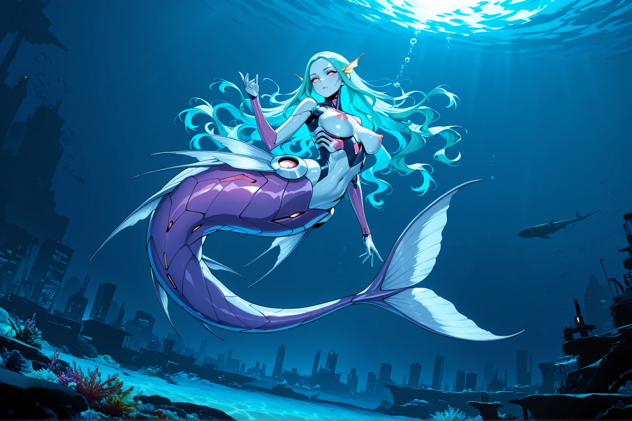 A slim young tropical cyberpunk cyborg mermaid, she has extremely long wavy colorful lush hair, robotic skin, stirped skin, mechanical body, mechanical mermaid tail, naked, she is swimming at an underwater cyberpunk submerged city, cyberpunk Theme, nautical Theme, Digital Art, Extreme Detail, 4k, Ultra Hd, Polished, Beautiful, Hyperdetailed, Intricate, Elaborate, Meticulous, Sharp Focus, Digital Illustration, Pose, Suggestive Pose, Lewd, Full Body Shot, perky breasts, erect puffy nipples, anatomically correct 💖❤💕💋❣