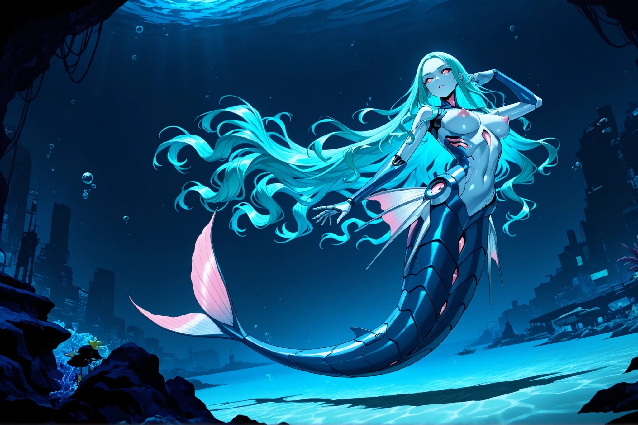 A slim young tropical cyberpunk cyborg mermaid, she has extremely long wavy colorful lush hair, robotic skin, stirped skin, mechanical body, mechanical mermaid tail, naked, she is swimming at an underwater cyberpunk submerged city, cyberpunk Theme, nautical Theme, Digital Art, Extreme Detail, 4k, Ultra Hd, Polished, Beautiful, Hyperdetailed, Intricate, Elaborate, Meticulous, Sharp Focus, Digital Illustration, Pose, Suggestive Pose, Lewd, Full Body Shot, perky breasts, erect puffy nipples, anatomically correct 💖❤💕💋❣
