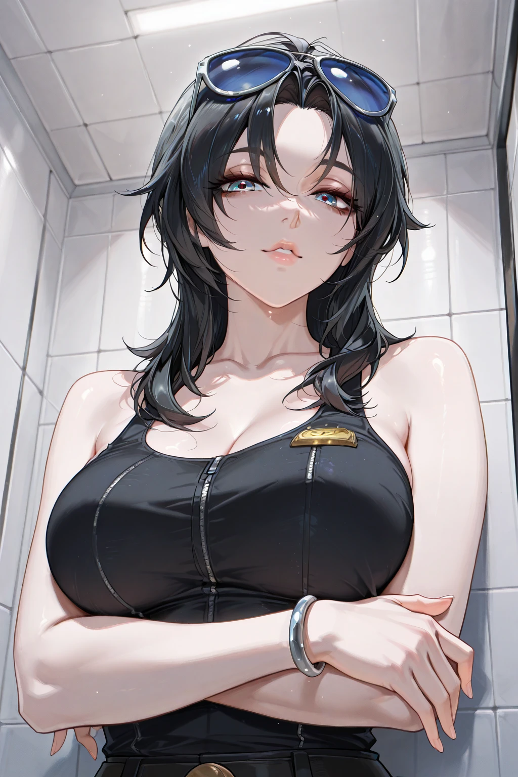 、Bedroom、、Glasses、A woman with a  growing out of her crotch、、Sweat、、Troubled expression