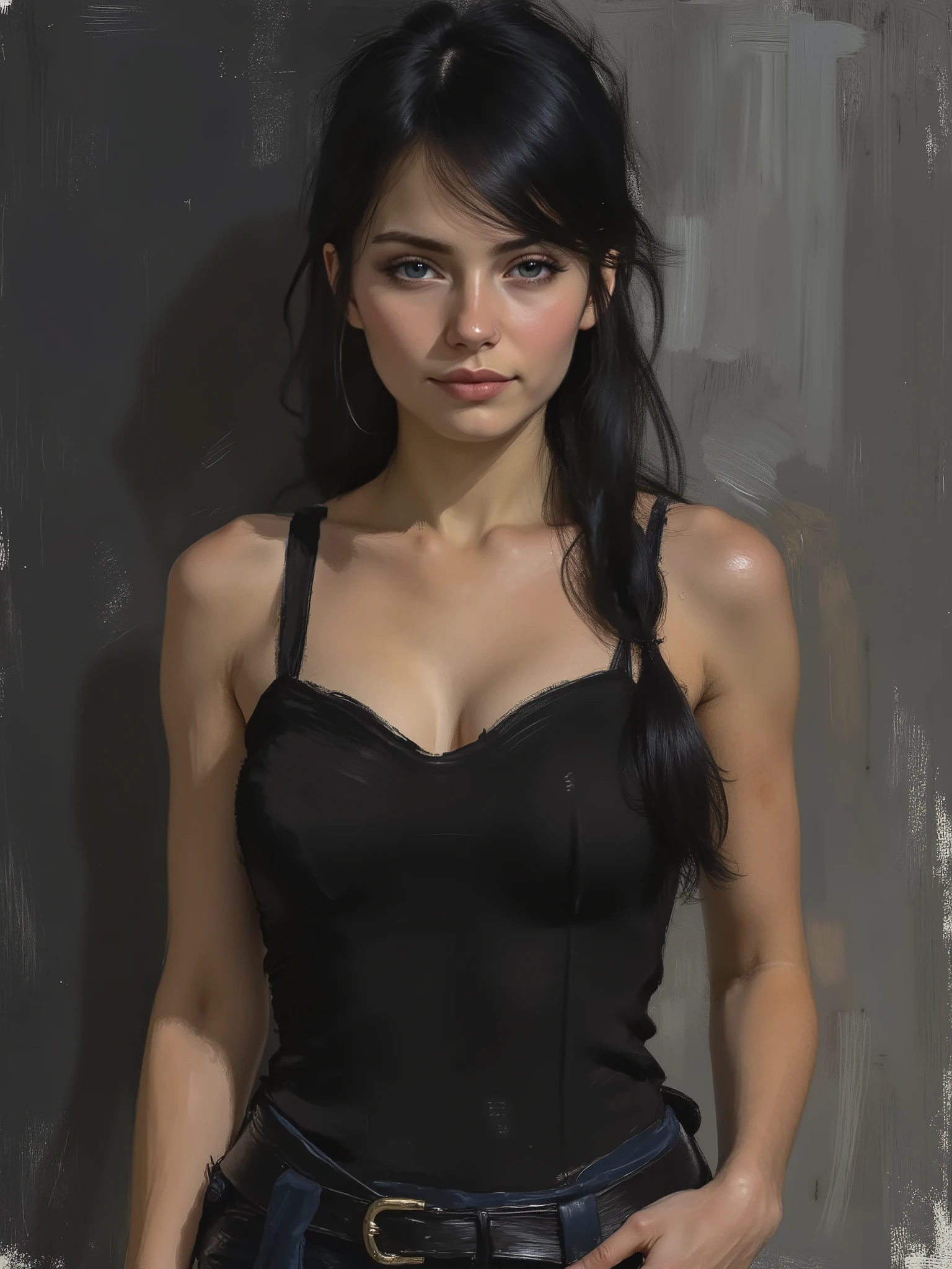 sketch painting, marinette Dopanchan, A very beautiful and cute 22 year old woman. (Sharp focus on the face:1.5), (blue eyes:1.5), (((western eyes))), (extremely detailed blue eyes:1.5), (((beautiful eyes, beautifully detailed eyes))), (((delicately detailed thin pink lips))), (((long hair))), (thin waist), (perfect thighs:1.5), (perfect body:1.5), (perfect anatomy), (anatomical correct). (jet-black medieval style sleeveless t-shirt:1.5), (dark_blue medieval style leather warrior pants:1.5), deep gaze, slight smile. (((The background is dark_gray and painted with expressive, visible textures using dynamic brushstrokes and strokes that add depth and movement. The paint covers only the area just behind the subject. The outer edges of the image with black margins, as if the background had been painted with a brush and with expressive and visible textures using dynamic brushstrokes and strokes fading toward the edges creating a modern and artistic vignette effect))). Cinematic lighting, vibrant colors, (cowboy shot:1.5, standing:1.5), (full body view), looking at the viewer, dynamic pose, graceful pose, soft depth of field, (masterpiece:1.5), (best quality:1.5), (((high resolution, top quality, high quality, UHD, 16k quality))), clear image, sharp focus, no blur, film grain, bokeh.