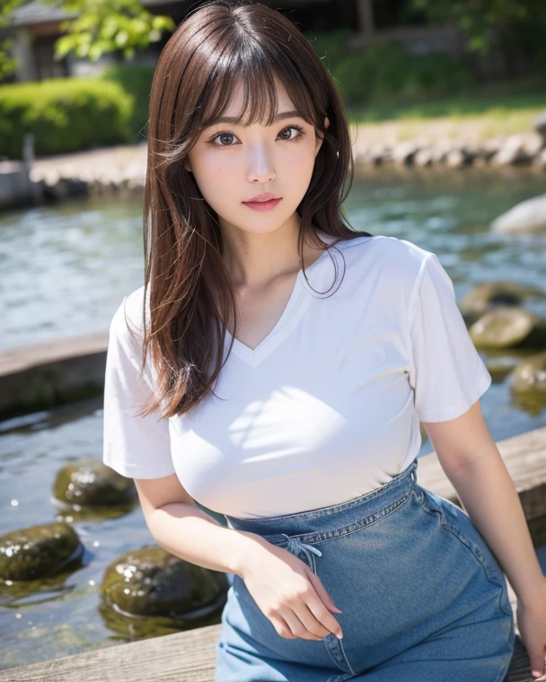 seed;88117315,((Full Body Angle))、((Front hair:1.3))、((Highest quality, 8K, masterpiece: 1.3)), concentrated: 1.2, Cute girl 1, 、 Perfect beauty: 1.4,Cut and sewn T-shirt Raglan sleeve summer short sleeve T-shirt.Shorts: 1.2,Long sleeve、Randall Color、comics＆Text Graphics、Black ruffle-trimmed drawstring zip blouse,1.1, Highly detailed face and skin textures, Fine grain, double eyelid, whitening skin, ,Highest quality,Ultra-high resolution,you,1 girl,alone,_Shiny_skin,Iris,necklace,((brown_length_Wavy_hair)),(lips)),eyelash,Front hair,deal with,compensate,Shiny,pore,skin,、((smiling face))、Riverside Walk、walk、