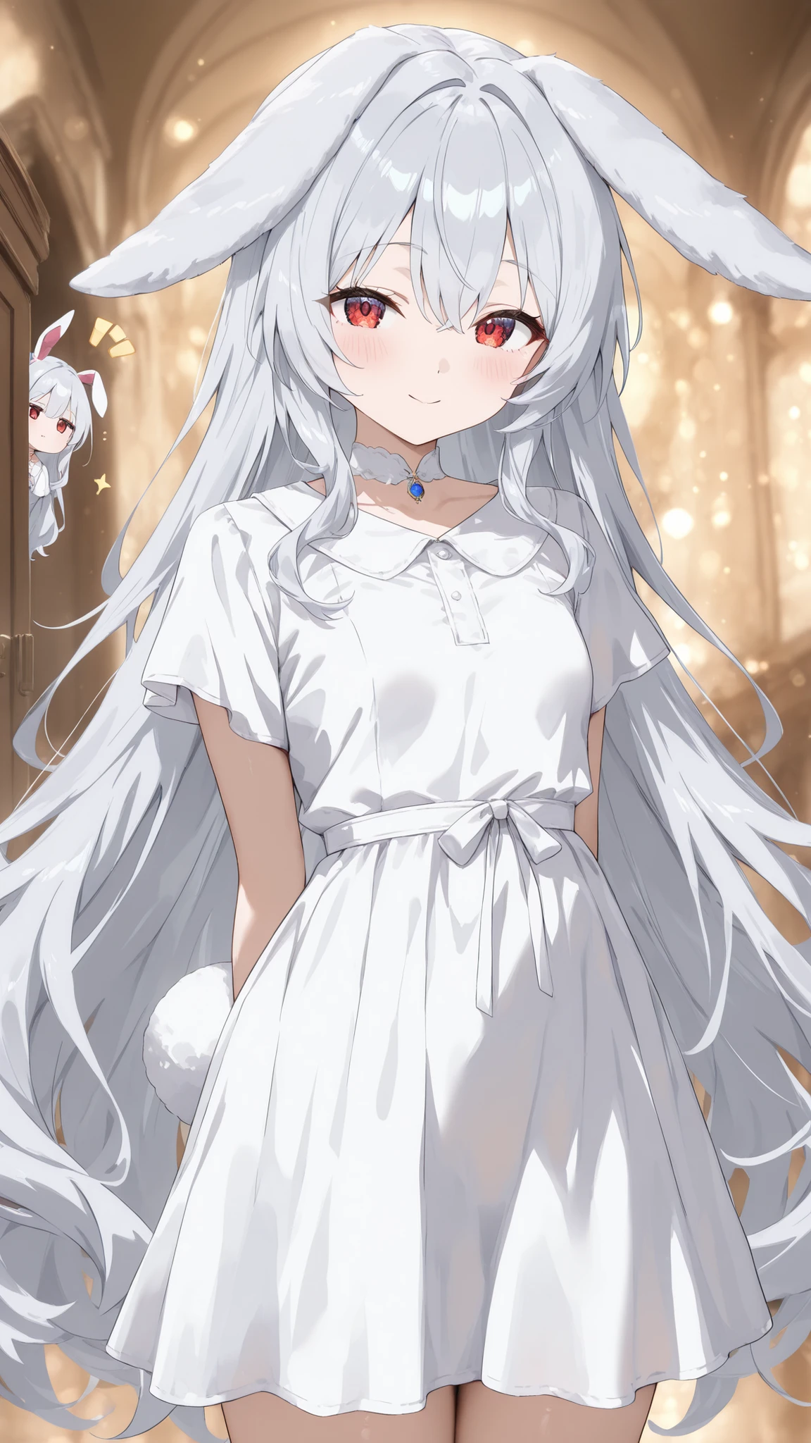 high quality, masterpiece, ultimate detail, 1 girl, Long Rabbit Ears ,(((droopy ears))),fluffy long hair,very long hair, silver hair, soft texture like rabbit hair, big kind eyes, white dress,, Big Ribbons on Her Neck, cute expression peeking through a grey surface, Focus on the rabbit's round tail , Fantasy Background, pastel, soft light, anime style, gentle smile
