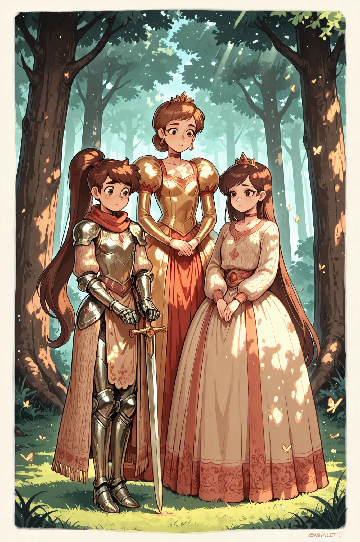 Princess Marco. brown eyes, very long hair, brown hair, ponytail. very small breasts. huge hips. slim body. choker. femboy, crossdressing,| Your Name: Their Parallel Self — a mystical forest clearing bathed in golden light. At the center, a figure in a voluminous lace‑trimmed gown layered with a rustic knitted sweater and a flowing scarf stands beside a knight in gleaming metal armor. The knight holds a sword resting on the grass, while butterflies dance around them. Soft sunlight filters through the trees, casting dappled shadows. Style: fantasy realism, 8K. Palette: emerald greens, royal blues, and warm golds. Mood: a quiet meeting between two parallel selves.



