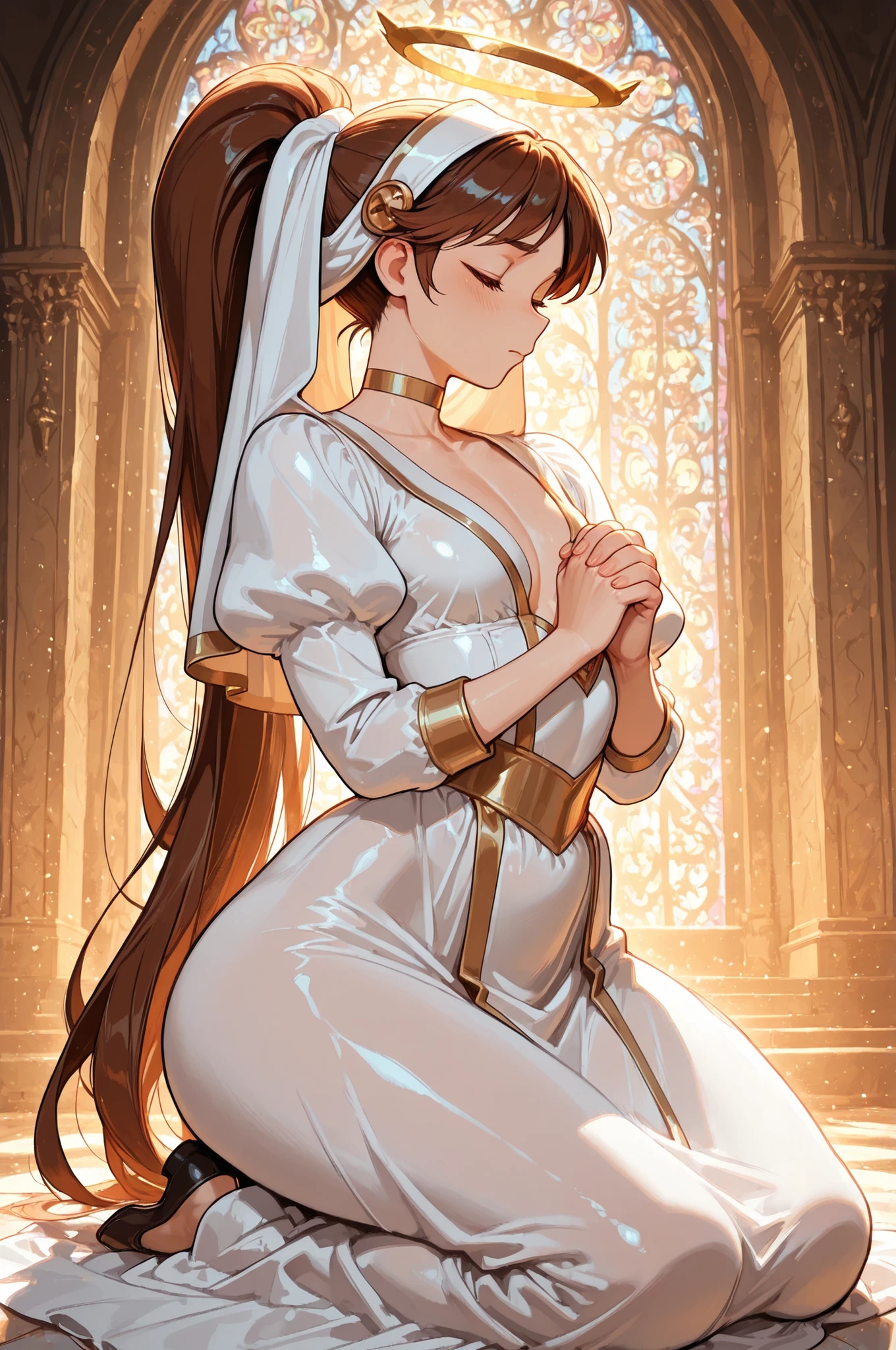 Princess Marco. brown eyes, very long hair, brown hair, ponytail. very small breasts. huge hips. slim body. choker. femboy, crossdressing,| A dimly lit church, colorful stained glass, a holy girl praying in the chapel, with a radiant halo above her head. She is short, with shiny golden straight medium-length hair, eyes closed, cute face, large breasts, wearing a white habit. The girl is kneeling with her hands clasped in front of her chest in prayer. A masterpiece, highest quality, extremely detailed, prioritizing the resolution of the girl. A transparent, solemn, and warm atmosphere. 


