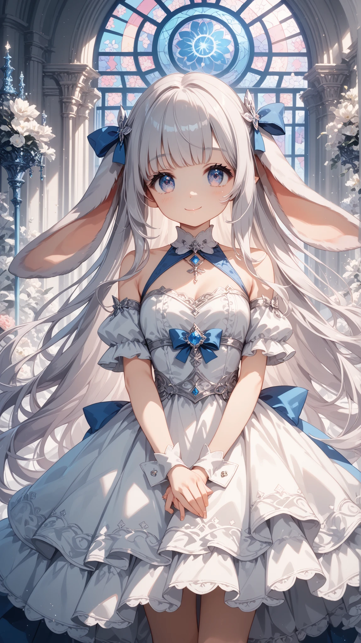 high quality, masterpiece, ultimate detail, 1 girl, Long Rabbit Ears ,(((droopy ears))),fluffy long hair,very long hair, silver hair, soft texture like rabbit hair, big kind eyes, white dress,, Big Ribbons on Her Neck, cute expression peeking through a grey surface, Focus on the rabbit's round tail , Fantasy Background, pastel, soft light, anime style, gentle smile