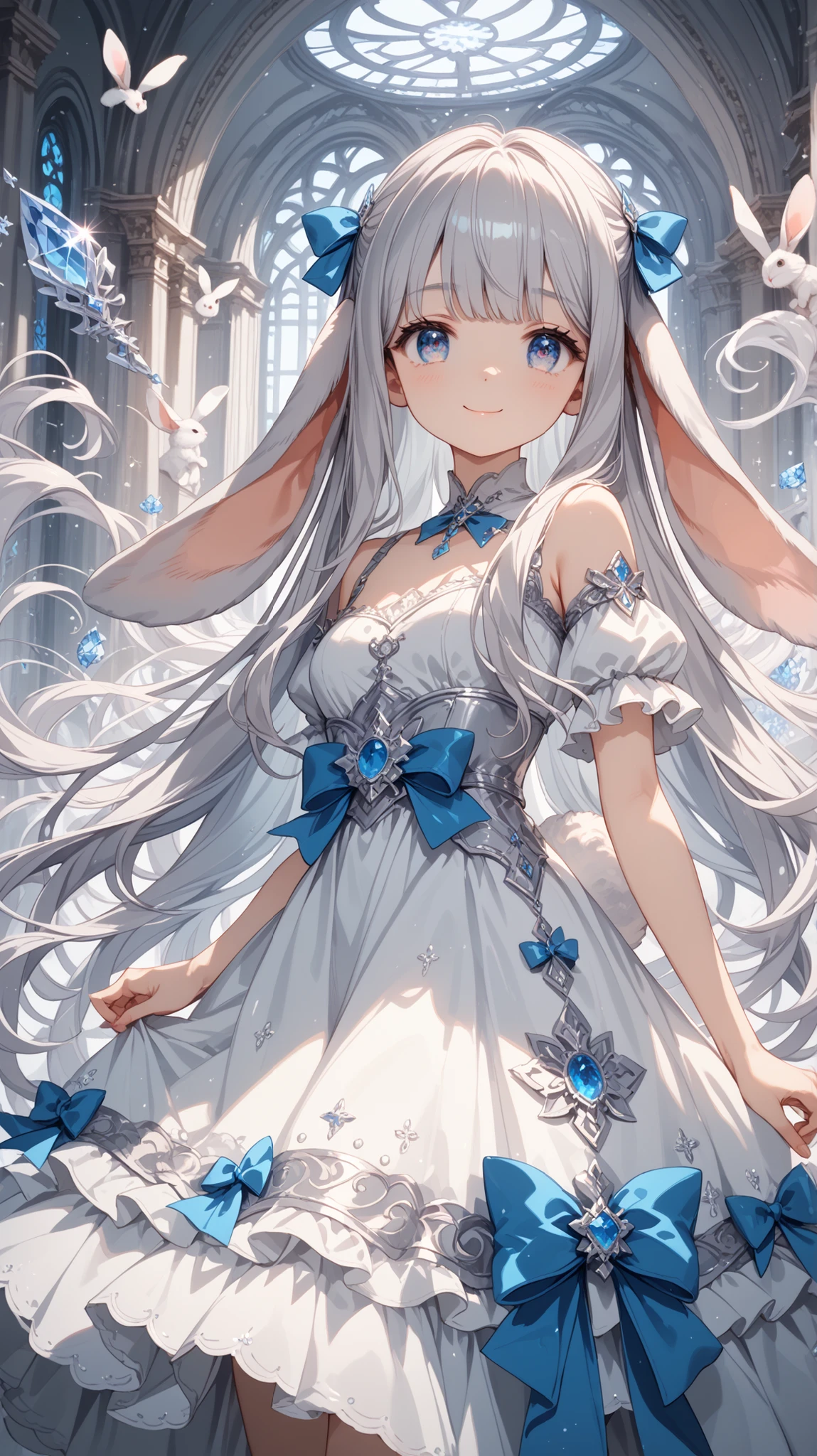 high quality, masterpiece, ultimate detail, 1 girl, Long Rabbit Ears ,(((droopy ears))),fluffy long hair,very long hair, silver hair, soft texture like rabbit hair, big kind eyes, white dress,, Big Ribbons on Her Neck, cute expression peeking through a grey surface, Focus on the rabbit's round tail , Fantasy Background, pastel, soft light, anime style, gentle smile
