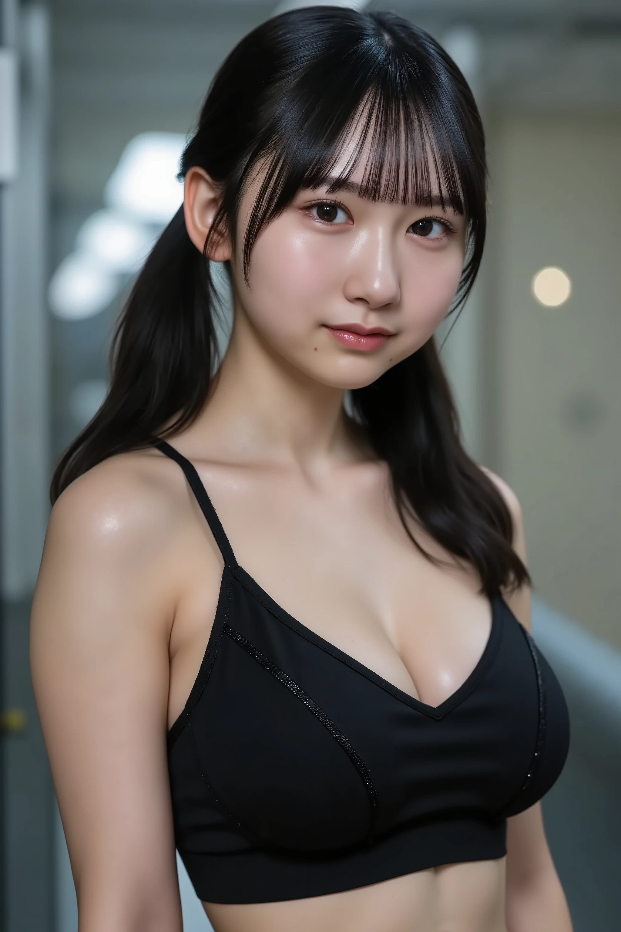 Beautiful girl, one young girl, detailed face, realistic textured skin, perfect anatomy, perfect finger, very cute face, highly detailed eyes, highly detailed face, Fresh, very beautiful appearance, Ultra-realistic, High resolution, highest quality, RAW photo, realistic, professional photography, (A girl in black sports bra, sports wear), large breasts, (sweaty cleavage:1.3), smile a little, look at me, cinematic lighting, gym, detailed face and skin texture,