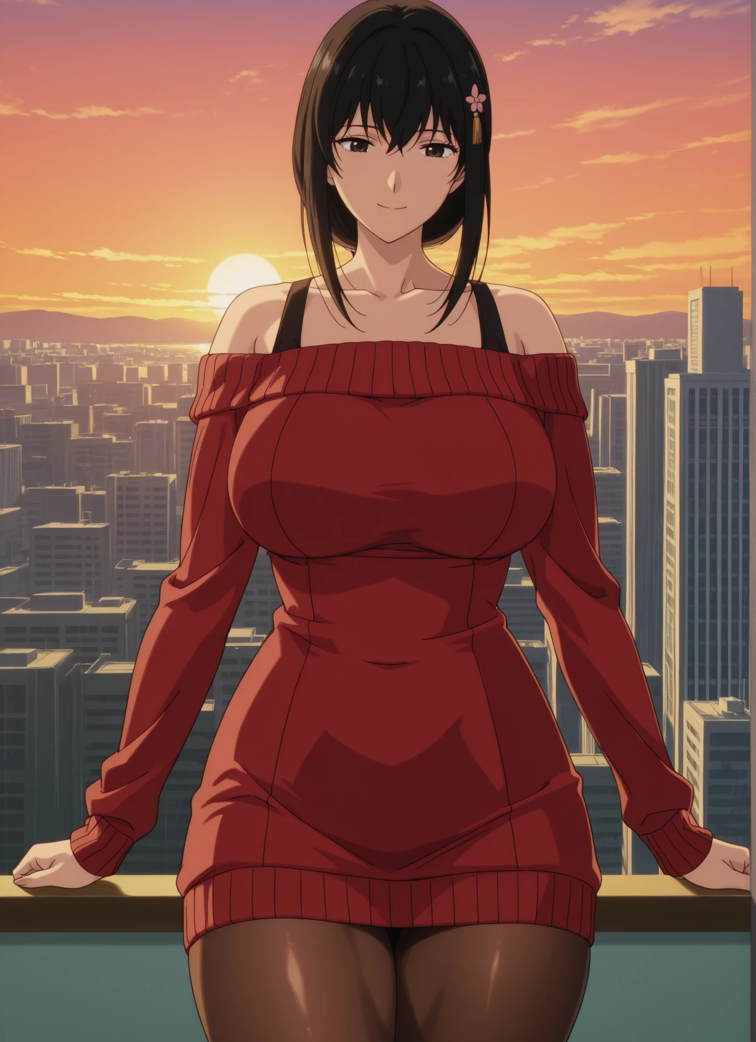 newest , masterpiece , anime screencap , anime coloring , masterpiece, best quality , 1girl, adult female, milf, motherly, yukishiro tomoe,2025s \(style\), black eyes, long hair, black hair, hair ornament, big breasts, big buttocks, glamorous bodies, attractive bodies, thick thighs, Toned thighs, Smile,view detailed body, ((off shoulder , off-shoulder dress , off-shoulder sweater , pantyhose , red sweater , sweater , sweater dress , thighs,)), city manila, ((Sexy,))) sunset,