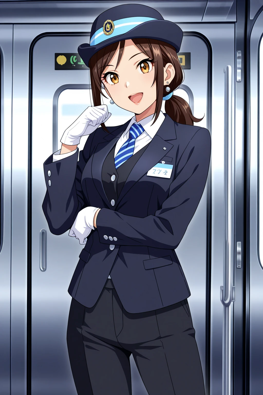 Receptionist, wavy hair, light brown hair, reception, blue eyes, contemporary work clothes, thin sharp eyebrows, round earrings, medium breasts, medium waist, sitting in the cafeteria, apparent freckles, 20 years old