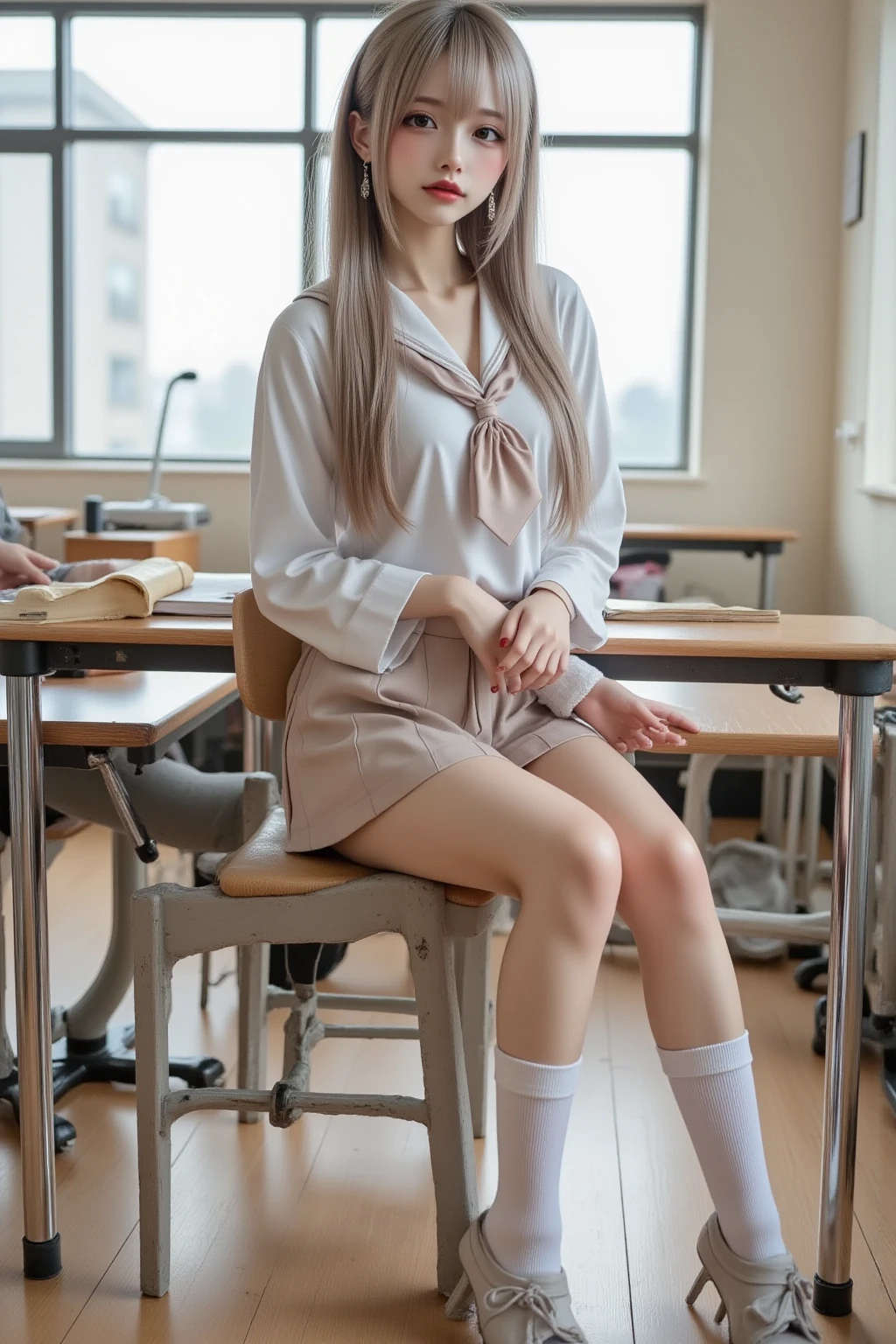 schoolgirls，long whitr hair，pupils，White stockings