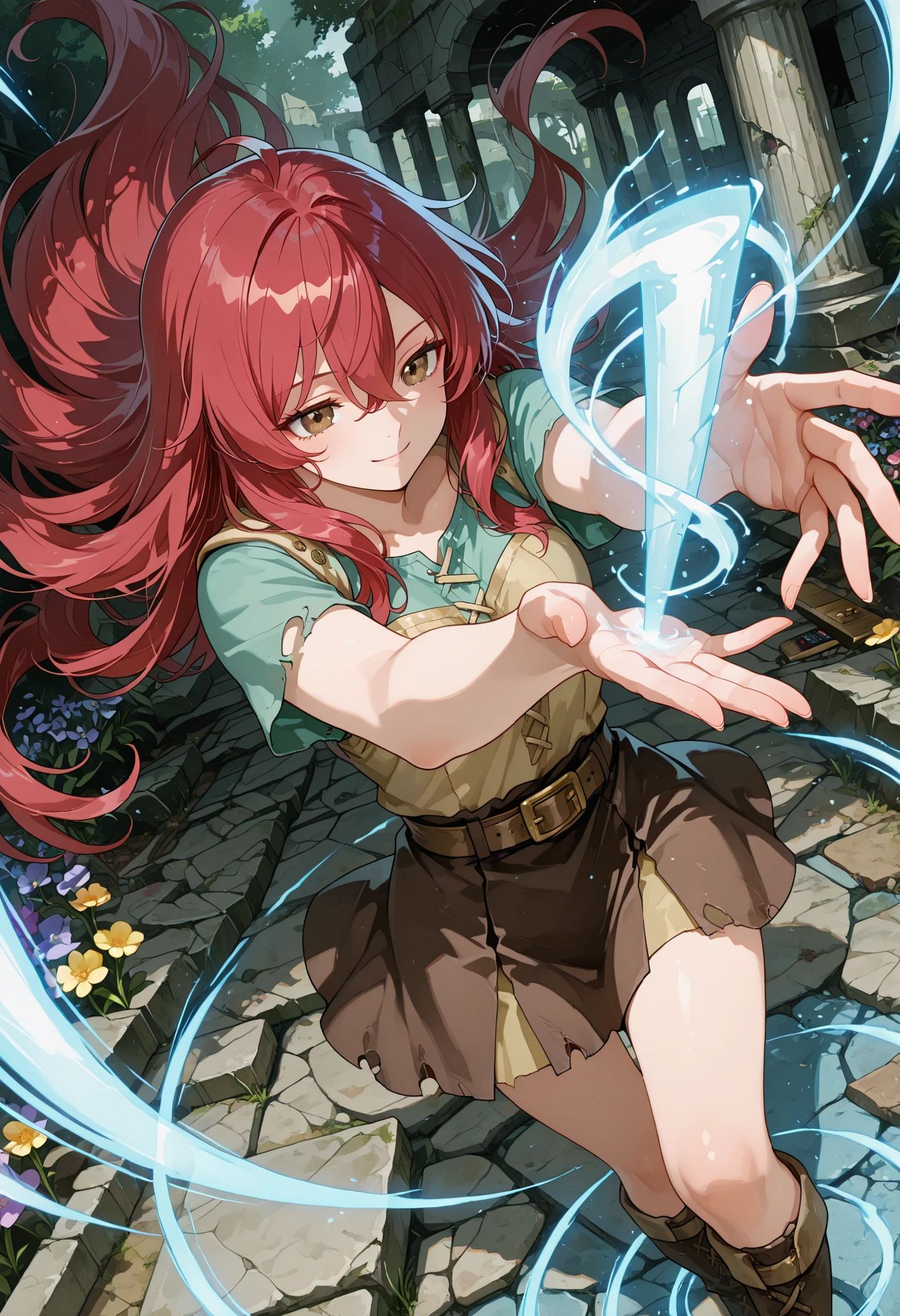 748cmstyle, full figure, Spiral blue energy, very fine perfect hands con only five fingers for hand, trait, anime, Young The Last Heir of…..
You are the last heir of a special ability or legacy—how will you use it, uses her powers for justice, in a remote and desolate land without rules with some ruins of a past civilisation, Her give life at plants and flowers, pose dynamic intense Lightbrown brown eyes, very long long wavy red hair , smile , dynamic pose, dynamic angle, outdoor in wastseland garden.