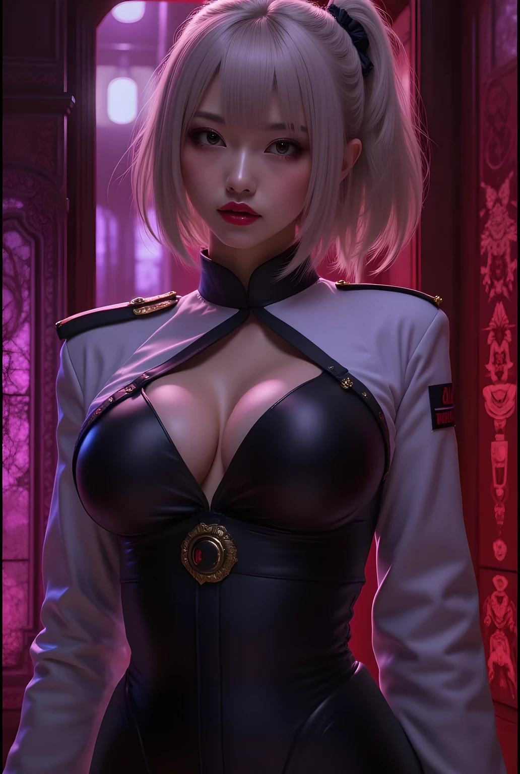 ((Close-up)). Can't draw hands, so don't try to draw them.
Dimly lit underground late at night, fascinating secret danger Areas.
Dark red and dark purple elaborate wall.
She is a very beautiful Japanese woman, platinum blonde hair, light red lips.
She is wearing a command uniform.
She is also wearing a tight-fitting pencil skirt.
Dimly lit underground late at night, fascinating secret danger Areas.
Dark red and dark purple elaborate wall.
Very detailed images, vibrant colors, chiaroscuro, masterpiece, top quality.