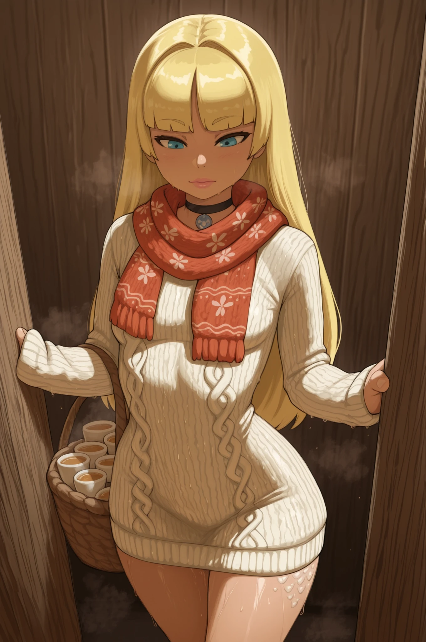 Pacifica Northwest, small breasts, skinny, medium hips, long hair, blonde hair, choker , pink lips, | Morning Market Story — bustling fish market at dawn. A figure in a voluminous floral dress layered with a knitted sweater and a patterned scarf examines fresh catch at a wooden stall. Morning light glints off wet planks and silver fish scales. Around: vendors calling, baskets of shellfish, steaming tea cups, and mist rising from icy displays. Warm tones of ochre and sea‑blue, soft focus on textures — wool, lace, dewy fish skin. Style: photorealistic, 8K, lively yet serene atmosphere.