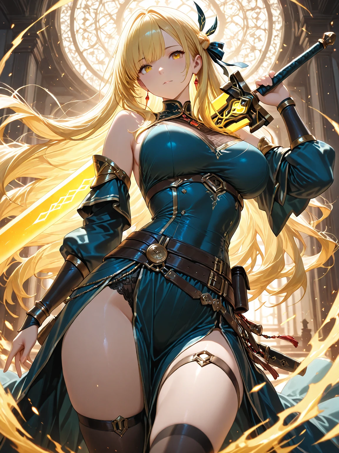 masterpiece, Gorgeous barbarian woman standing and holding a long spear, fearsome appearance, tribal warpaint,in a dense snowy forest, studded leather armor, brown low cut leather bodice, fur skirt, wearing loose fitting belts, very long blonde braids, beautiful, pale skin tone, immense icy blue eyes, dark eye shadow, freckles, athletic body, slender waist, wide hips, very busty, ultra HD, 
