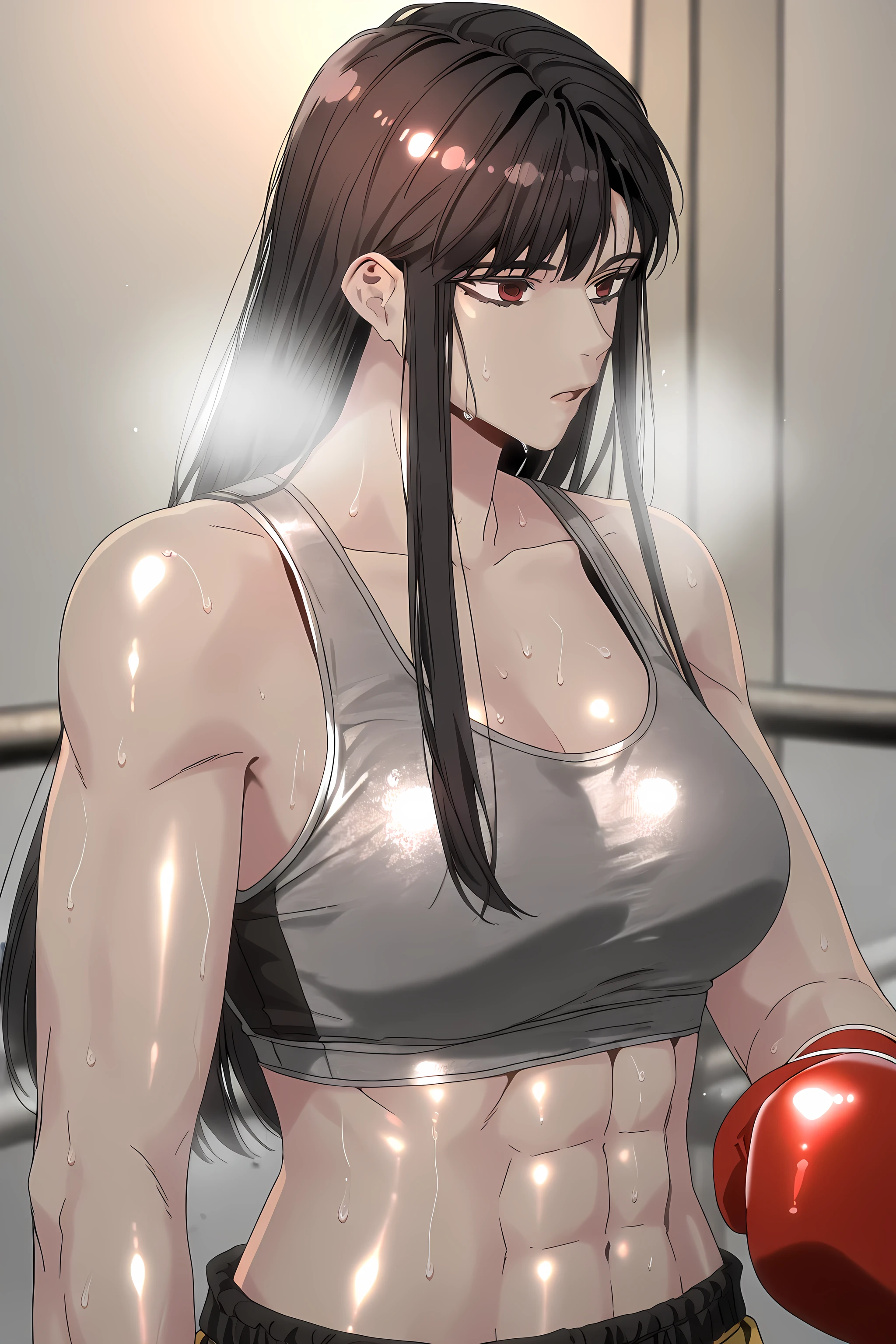 1girl, solo, young mature, ihwa, long hair, red eyes, black hair, ringed eyes, sidelocks, (ringed eyes:0.8), medium , toned female, abs, shiny body, sports bra, boxing gloves, sweating, open mouth
