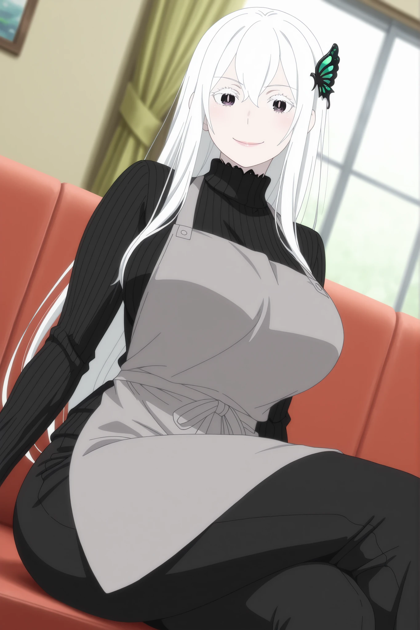 newest , masterpiece , anime screencap , anime coloring , masterpiece, best quality , echidna, 1girl, adult female, milf, motherly, medium head, pale skin, long hair, white hair, butterfly hair ornament, open eyes, hair between eyes, bangs, white eyelashes, attractive face, strict attributes, ractical body shape, glamorous bodies, attractive bodies, fit bodies, motherly, large Curvy, Slutty, Neat, big breast, big hips, huge buttocks, thick thighs, Toned thighs, huge thighs, Smile, lips, view detailed body, ((black turtleneck sweater, grey apron, black pants,)), ((Sexy,)) sitting , crossed legs , from front , dutch angle , (looking at viewer) , (cowboy shot) , living room , blurred background,