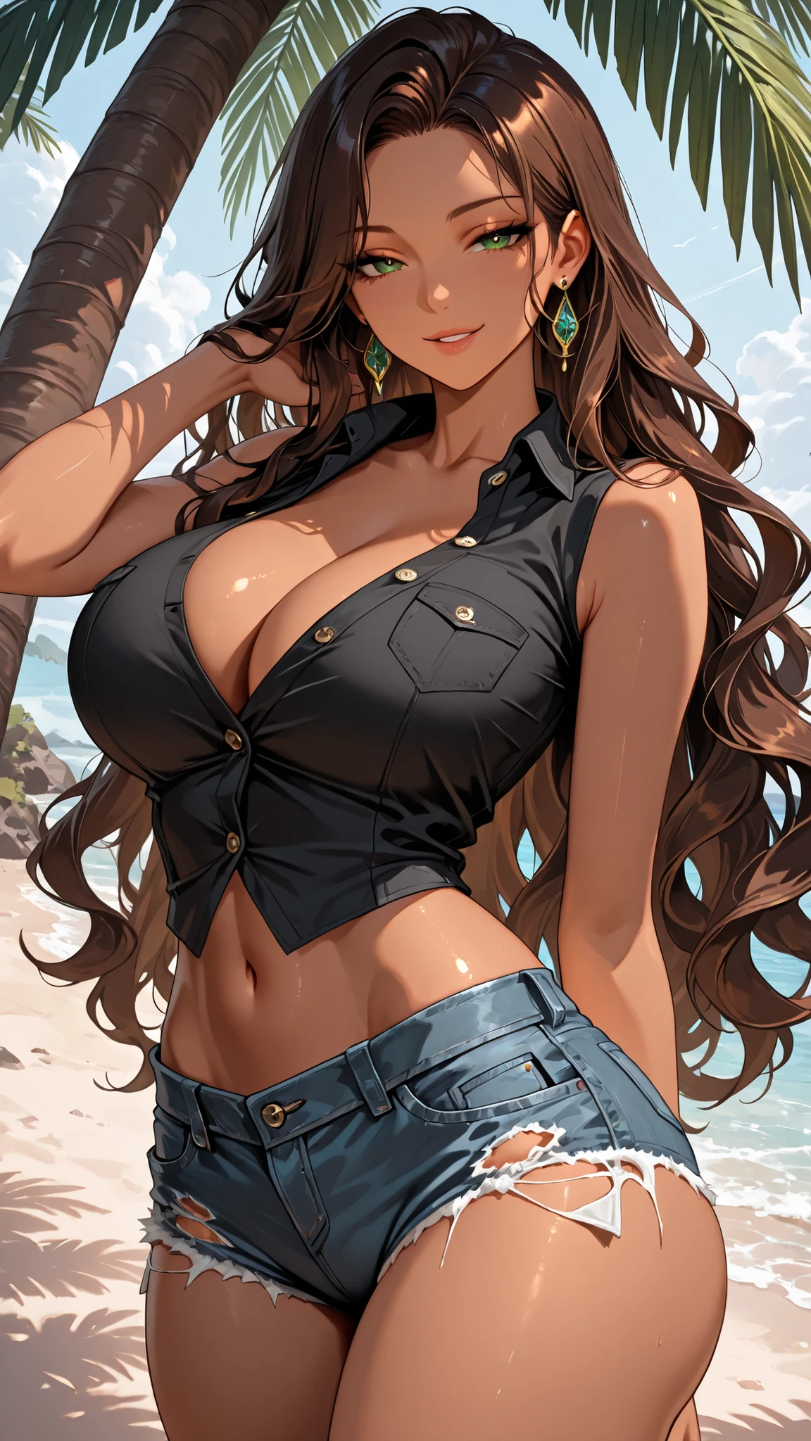 
最high quality, masterpiece, Very detailed, high quality, high resolution, A girl, brown hair, Solo, very Long hair, wavy hair, Green eyes, brunette,  earrings, beautiful, beautiful and perfect face, Smile, seductive smile, naughty, View your audience, dark-skinned female, Big Breasts, navel,  Huge Ass, Standing, beach, palm three, wide hips, thick thighs,day, cowboy shot,  from the front, sensual pose, sexy, parted lips, black shirt (buttons),unbuttoned, neckline, denim shorts, bare arms, ripped shorts