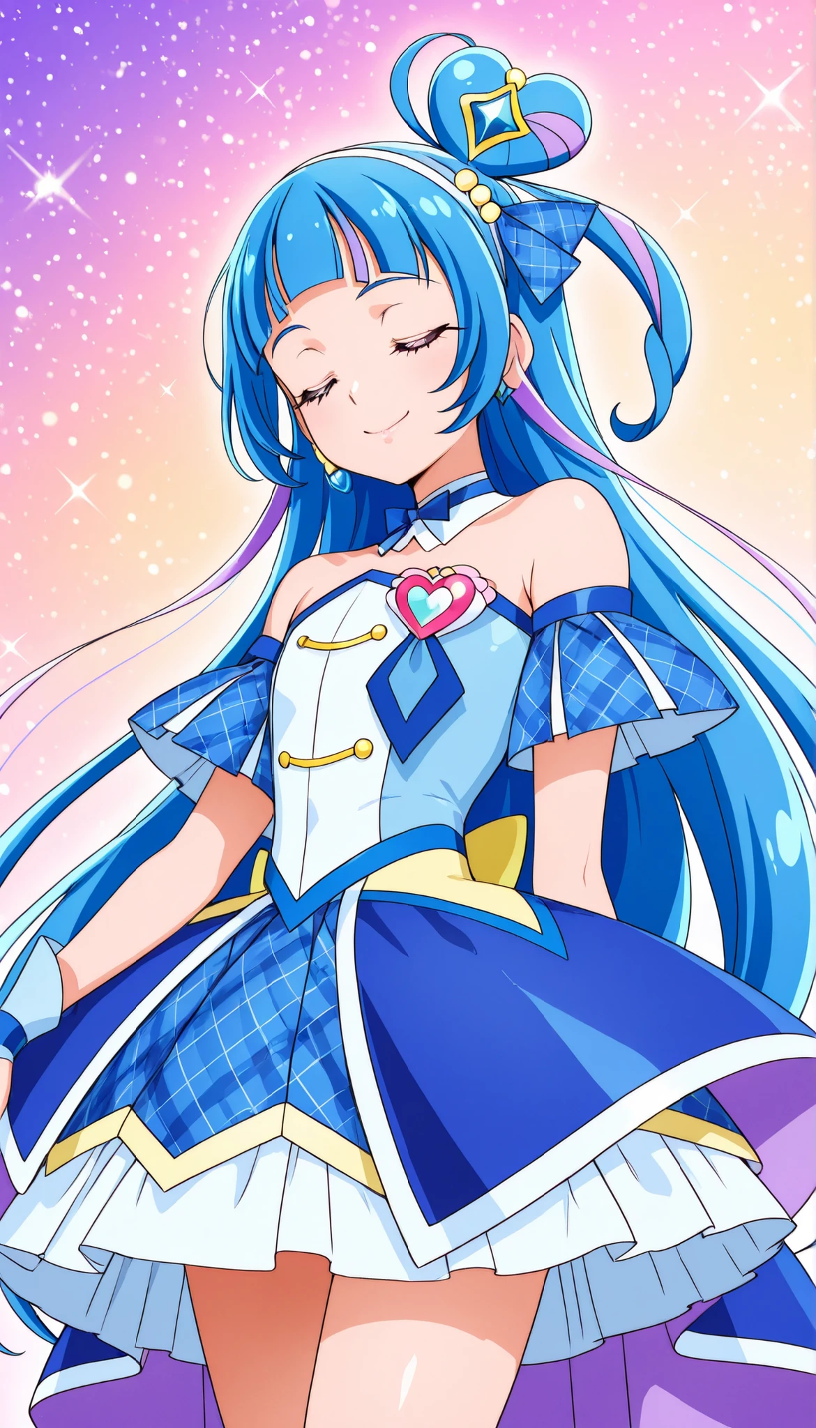 cure wink, kimi to idol precure, blue hair, magical girl, mini crown, purple eyes, blue dress, tilted headwear, very long hair, blunt bangs, shoulders, hairband, two-tone hair, purple hair, jewelry, idol clothes, masterpiece, best quality, newest, absurdres, anime, source anime, illustration,heart brooch, thigh ,closed mouth,glossy lips,closed eyes ,standing ,normal position ,smile ,cowboy shot,looking below,from front ,blue diamond and blue glitter background