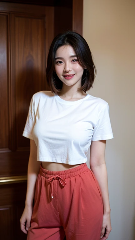 a gorgeous lady, age 21, white T-shirt and red , dimpled smile, short ponytail hair, natural pose, photorealistic, beautiful detailed eyes, well-endowed round , hyper-realism, high contrast, ultra HD, realistic skin textures, top image quality, top-quality, super high resolution, fine details, very meticulously, simple yellow background