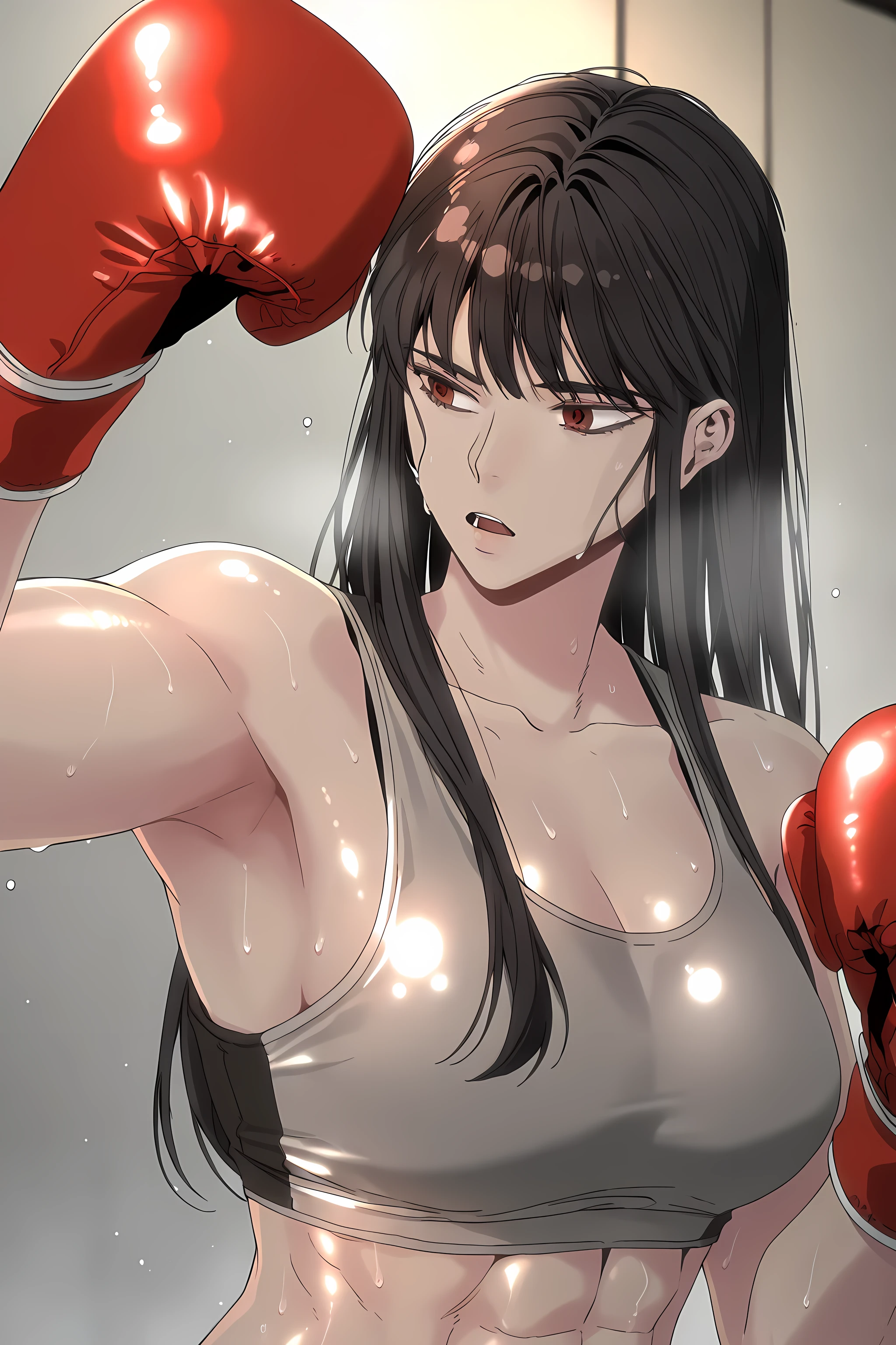 1girl, solo, young mature, ihwa, long hair, red eyes, black hair, ringed eyes, sidelocks, (ringed eyes:0.8), medium , toned female, abs, shiny body, sports bra, boxing gloves, sweating, armpit, open mouth