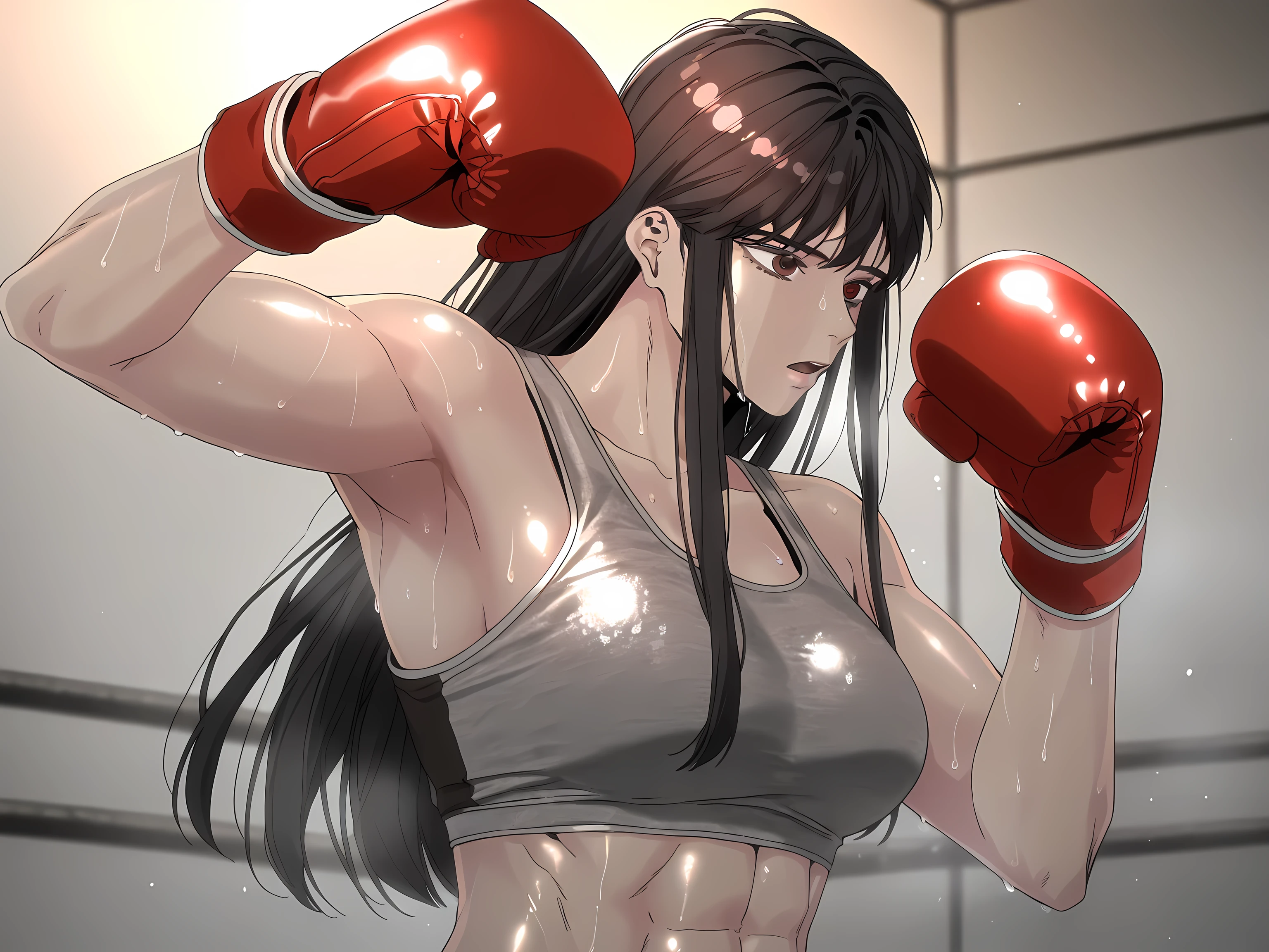 1girl, solo, young mature, ihwa, long hair, red eyes, black hair, ringed eyes, sidelocks, (ringed eyes:0.8), medium , toned female, abs, shiny body, sports bra, boxing gloves, sweating, armpit, open mouth