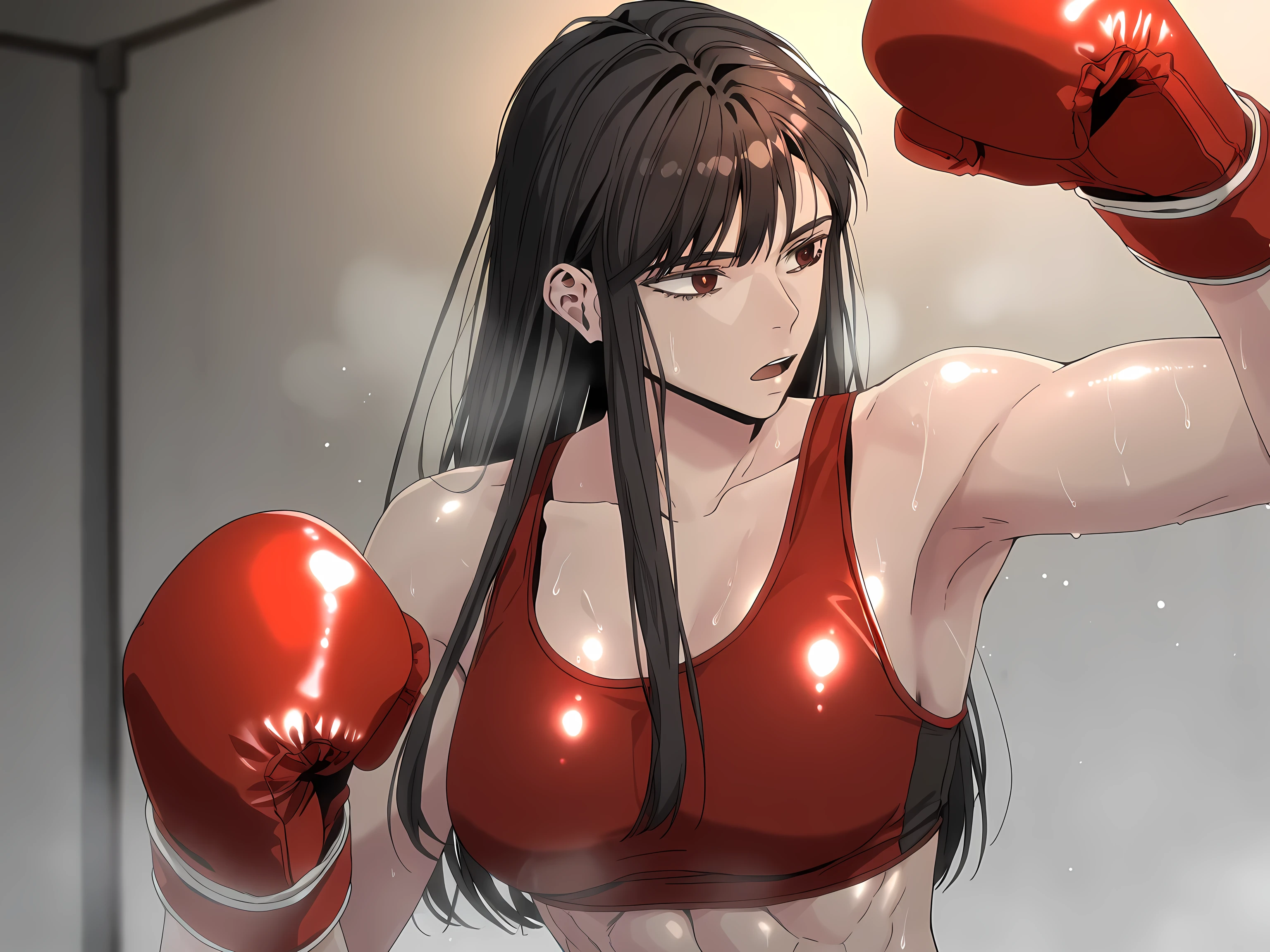 1girl, solo, young mature, ihwa, long hair, red eyes, black hair, ringed eyes, sidelocks, (ringed eyes:0.8), medium , toned female, abs, shiny body, sports bra, boxing gloves, sweating, armpit, open mouth