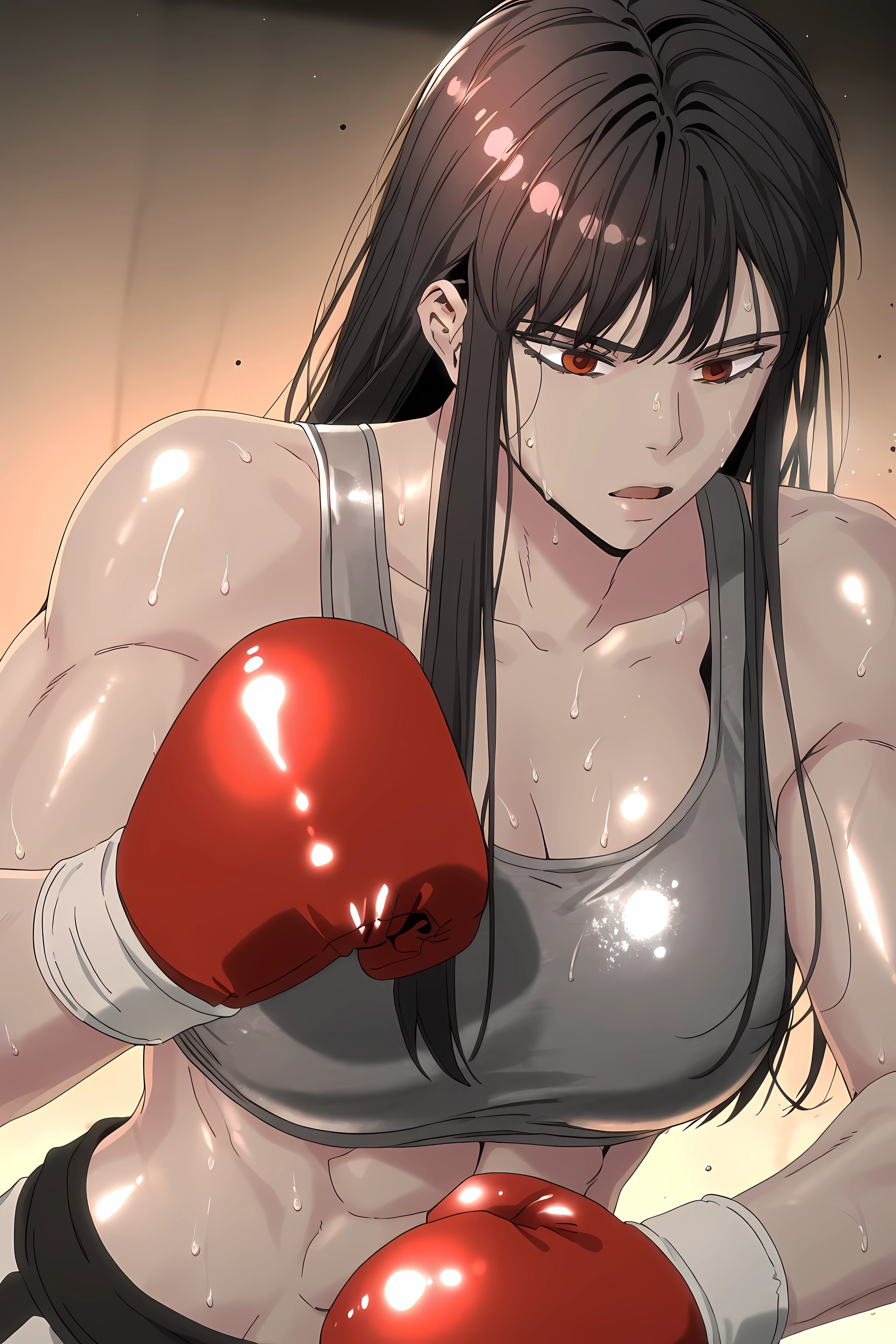 1girl, solo, young mature, ihwa, long hair, red eyes, black hair, ringed eyes, sidelocks, (ringed eyes:0.8), medium , toned female, abs, shiny body, sports bra, boxing gloves, sweating, fighting stance, open mouth