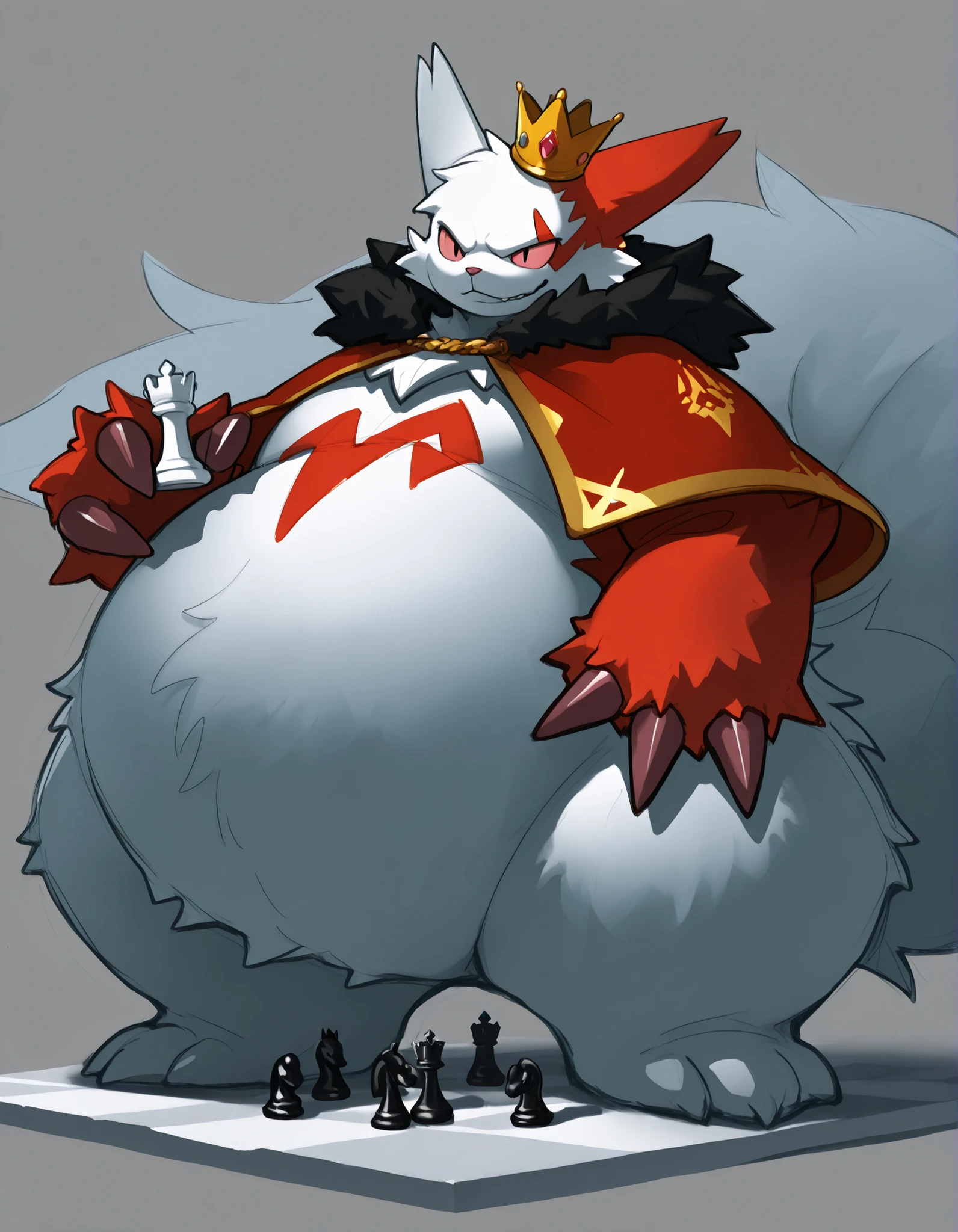 full body, furry, zangoose, wide bottom, heavy bottom, wided legs, long digitigrade leg, giant pearshape body, no nipple,detailed face,4k ultfigurelity, (4k half body view:1.0),(detailed face),ultra high detailed body,feral zangoose,enormous body,long tail,thick tail,big tail,(smaller head),(enomorous body),hyper tail,fluffy tail,gigantic body,fluffy belly,white belly fur,royal cloak,crown,evil smiling,(obese),macro,giga,belly overhang,cartoon style,(sketch style),side view,holding chess pieces