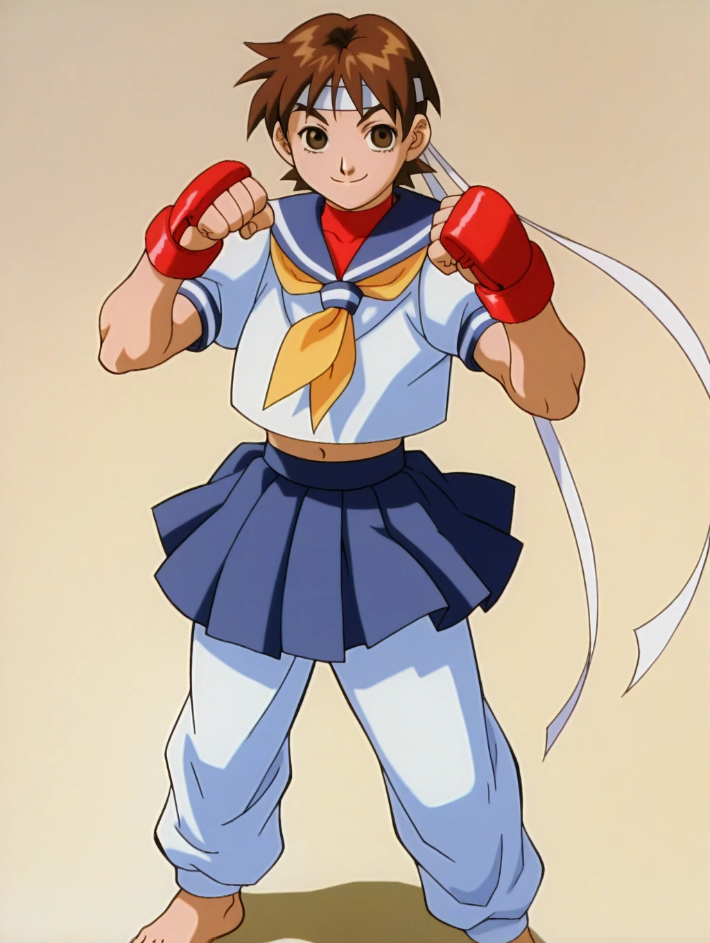 source_anime, in kinu-sensei artstyle, 1girl, blue sailor collar, brown eyes, brown hair, buruma, clenched hands, fingerless gloves, gloves, headband, kasugano sakura, midriff, neckerchief, school uniform, serafuku, shoes, short hair, simple background, skirt, sneakers, solo, <lora:Kinu_Nishimura_Capcom_Style_LoRA_Pony-000010:0.85>