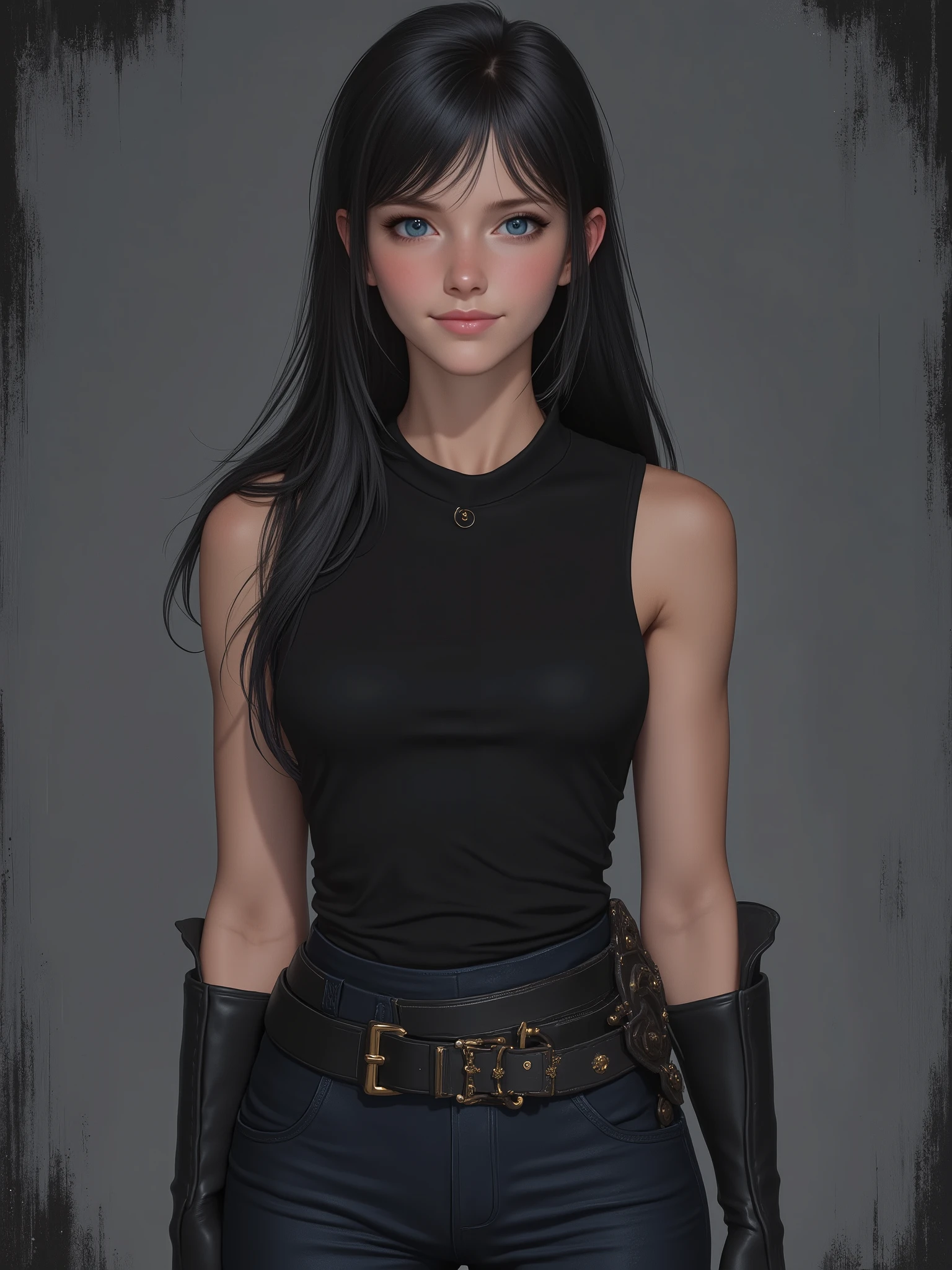 realistic cartoon, marinette Dopanchan, A very beautiful and cute 22 year old woman. (Sharp focus on the face:1.5), (blue eyes:1.5), (((western eyes))), (extremely detailed blue eyes:1.5), (((beautiful eyes, beautifully detailed eyes))), (((delicately detailed thin pink lips))), (((long hair))), (thin waist), (perfect thighs:1.5), (perfect body:1.5), (perfect anatomy), (anatomical correct). (jet-black medieval style sleeveless t-shirt:1.5), (dark_blue medieval style leather warrior pants:1.5), deep gaze, slight smile. (((The background is dark_gray and painted with expressive, visible textures using dynamic brushstrokes and strokes that add depth and movement. The paint covers only the area just behind the subject. The outer edges of the image with black margins, as if the background had been painted with a brush and with expressive and visible textures using dynamic brushstrokes and strokes fading toward the edges creating a modern and artistic vignette effect))). Cinematic lighting, vibrant colors, (cowboy shot:1.5, standing:1.5), (full body view), looking at the viewer, dynamic pose, graceful pose, soft depth of field, (masterpiece:1.5), (best quality:1.5), (((high resolution, top quality, high quality, UHD, 16k quality))), clear image, sharp focus, no blur, film grain, bokeh.