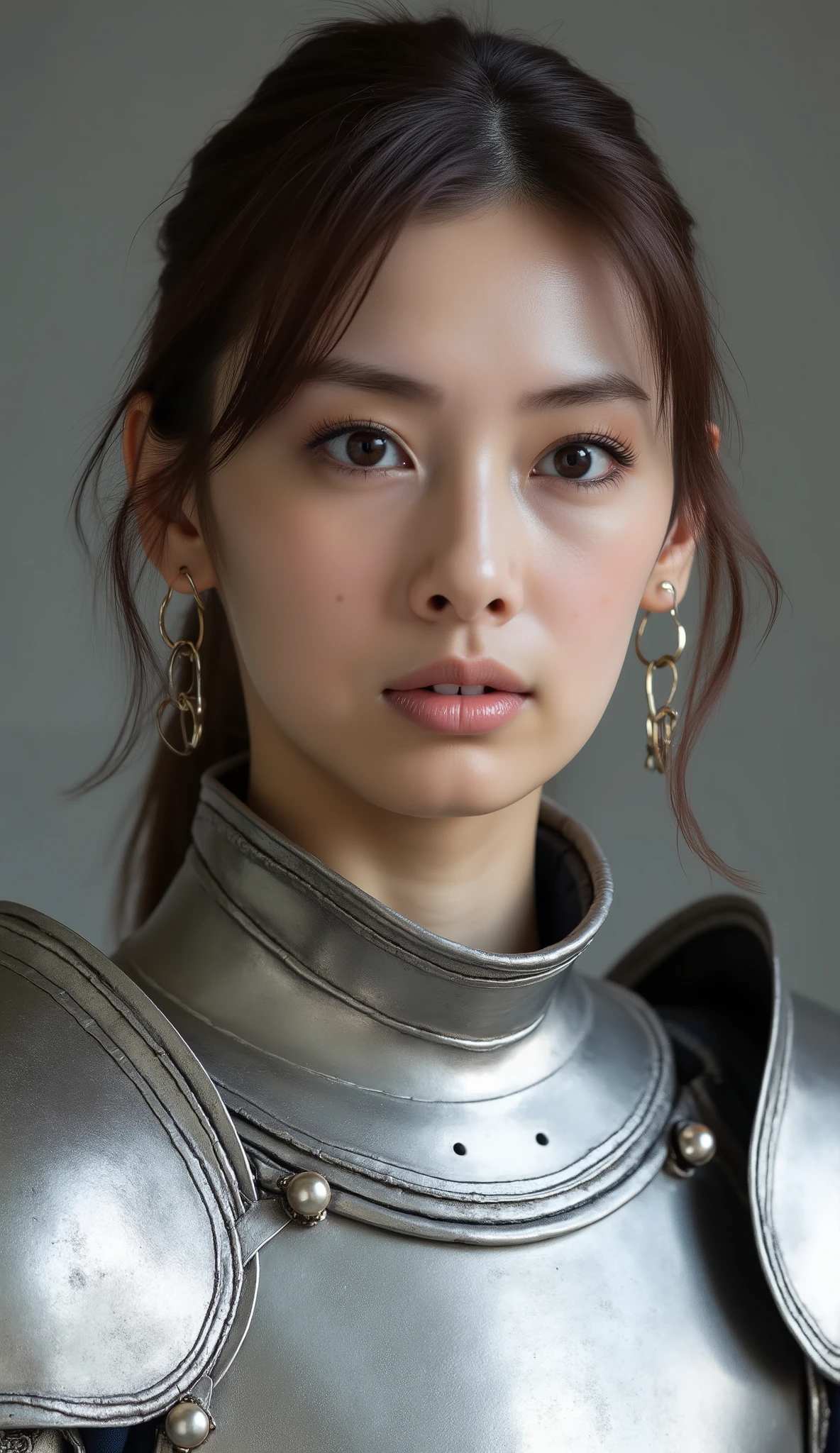 neat young woman wearing luxurious silver armor、、female knight、、、ear piercings、looking at camera、looking directly in front、前髪あり、怒り顔、、口を閉じている、、face close-up、grey background、


