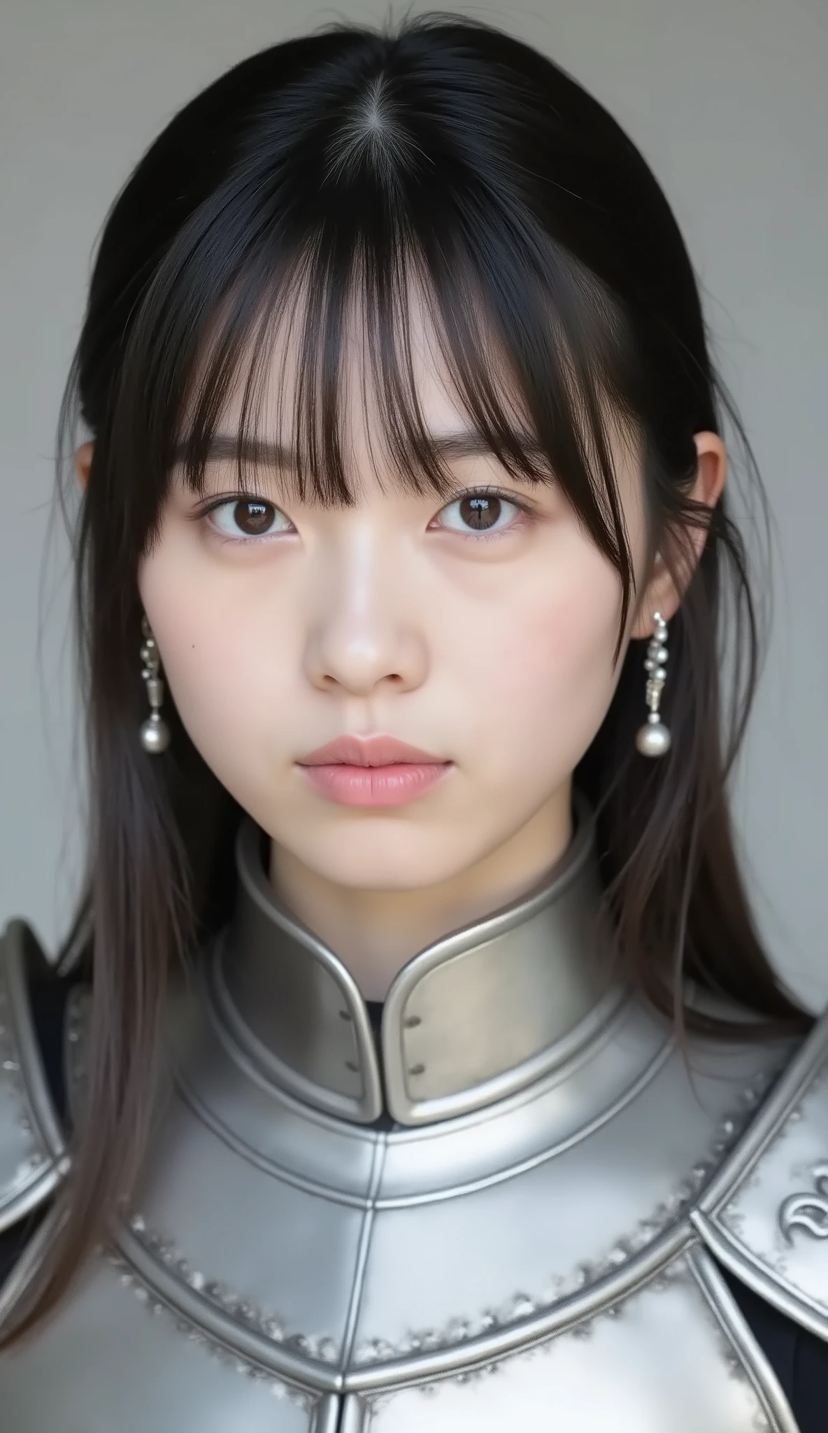 neat young woman wearing luxurious silver armor、、female knight、、、ear piercings、looking at camera、looking directly in front、歯を見せた笑顔、、face close-up、grey background、