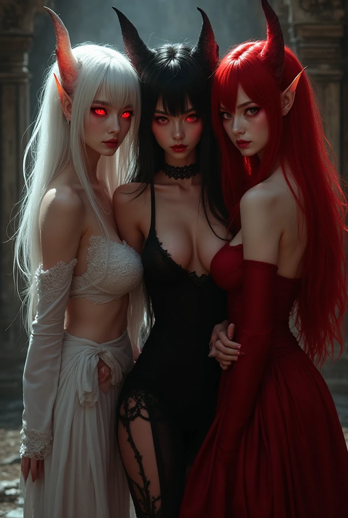 Three eyes, Large ears, poison fangs, sneering，Touch your chest，Hela hairstyle，D罩，Kirin arm，Eight-claw tentacles，，onbed，The two women touched each other