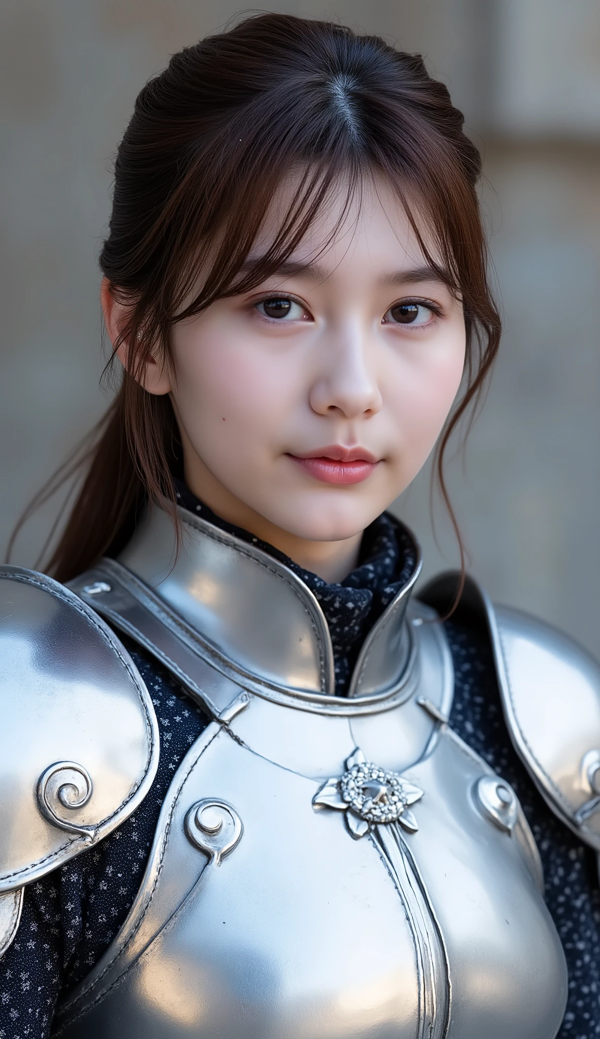 neat young woman wearing luxurious silver armor、、female knight、、漆黒の髪、、ear piercings、looking at camera、looking directly in front、怒り顔、口を閉じている、への字口、、、face close-up、grey background、