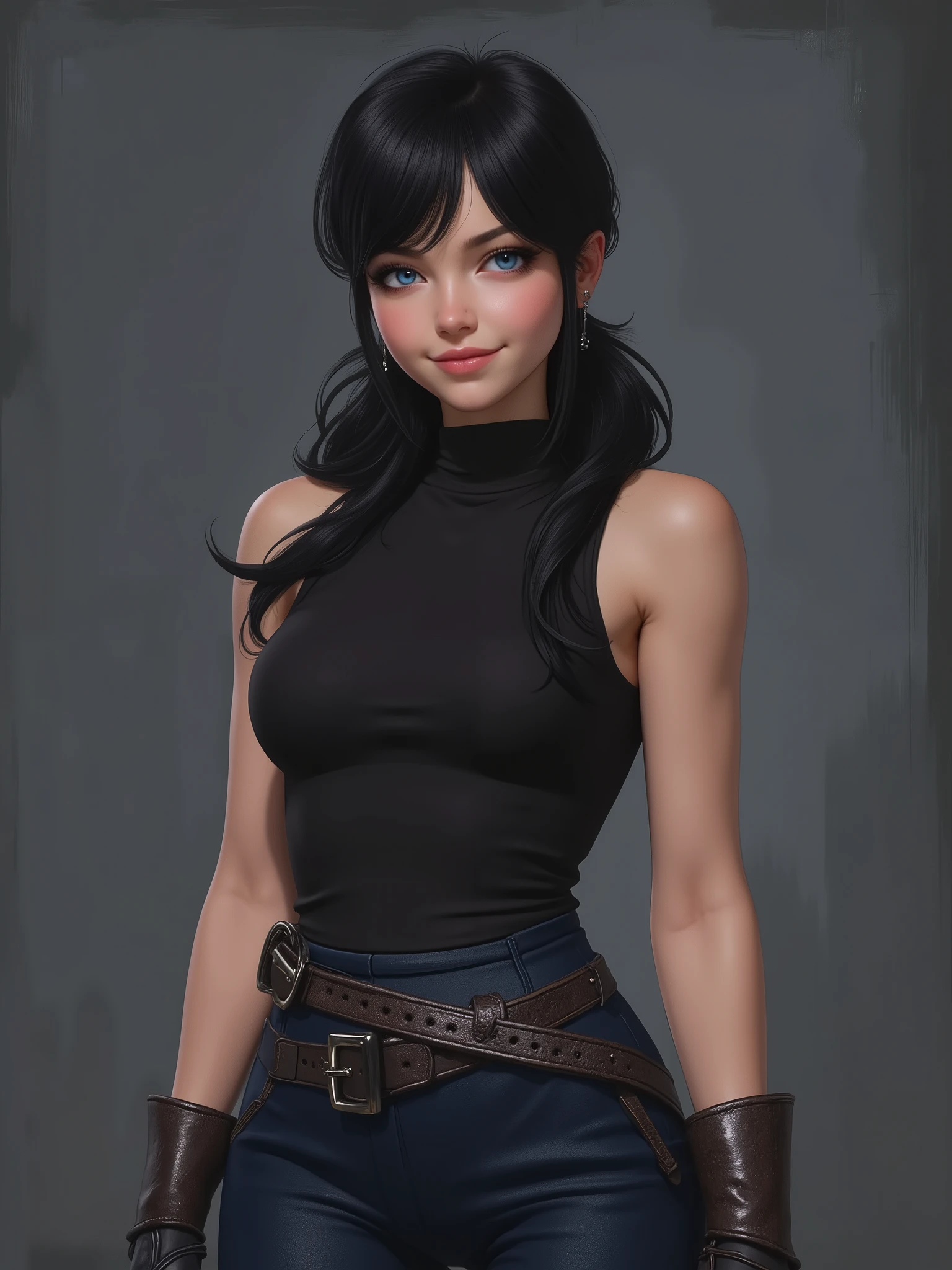 realistic cartoon, marinette Dopanchan, A very beautiful and cute 22 year old woman. (Sharp focus on the face:1.5), (blue eyes:1.5), (((western eyes))), (extremely detailed blue eyes:1.5), (((beautiful eyes, beautifully detailed eyes))), (((delicately detailed thin pink lips))), (((long hair))), (thin waist), (perfect thighs:1.5), (perfect body:1.5), (perfect anatomy), (anatomical correct). (jet-black medieval style sleeveless t-shirt:1.5), (dark_blue medieval style leather warrior pants:1.5), deep gaze, slight smile. (((The background is dark_gray and painted with expressive, visible textures using dynamic brushstrokes and strokes that add depth and movement. The paint covers only the area just behind the subject. The outer edges of the image with black margins, as if the background had been painted with a brush and with expressive and visible textures using dynamic brushstrokes and strokes fading toward the edges creating a modern and artistic vignette effect))). Cinematic lighting, vibrant colors, (cowboy shot:1.5, standing:1.5), (full body view), looking at the viewer, dynamic pose, graceful pose, soft depth of field, (masterpiece:1.5), (best quality:1.5), (((high resolution, top quality, high quality, UHD, 16k quality))), clear image, sharp focus, no blur, film grain, bokeh.