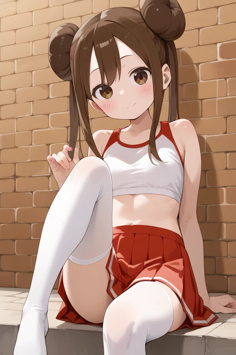 a girl on her knees in a dark and dirty alley, 1trainerleaf1, sleeveless shirt, black wristbands, visible thighs,thick thighs,red skirt,blue shirt, brown eyes, trash and bills on the ground, hands on thighs, Open mouth, looking to the camera, View from above,