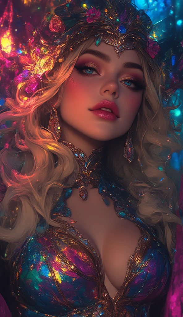 Generate a photograph of a woman. Long and voluminous hair, sharp eyes, a thin and upturned nose, shapely lips, and an hourglass body shape, wearing a gorgeous dress, basic makeup, and using a harmonious background. Intricately maximalist-detailed, vibrant, epic, smooth, cinematic, 4K, backlit, and with a deep depth of field. Use a pastel color palette.