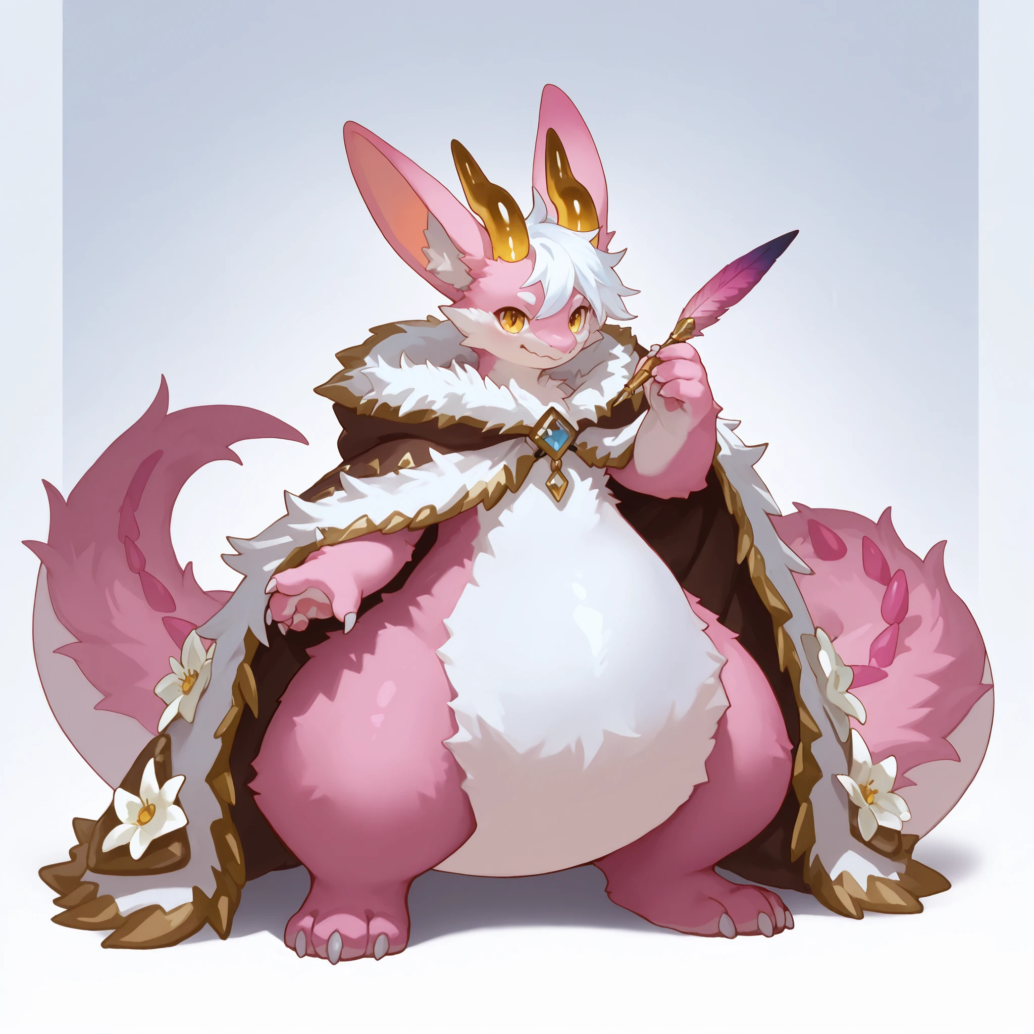 full body, furry, dragon, wide bottom, heavy bottom, wided legs, long digitigrade leg, giant pearshape body, no nipple,detailed face, pink fur,4k ultfigurelity, (4k half body view:1.0),ultra high detailed body,feral dragon,(cute face:1.3),pink fur,golden eyes,white belly fur,white hair,long hair,enormous body,side front view,(long ears),(big ears),(big horns),(dropping ears),long tail,thick tail,big tail,(fluff cloak),(smaller head),(enomorous body),hyper tail,white flower,holding a feather pen