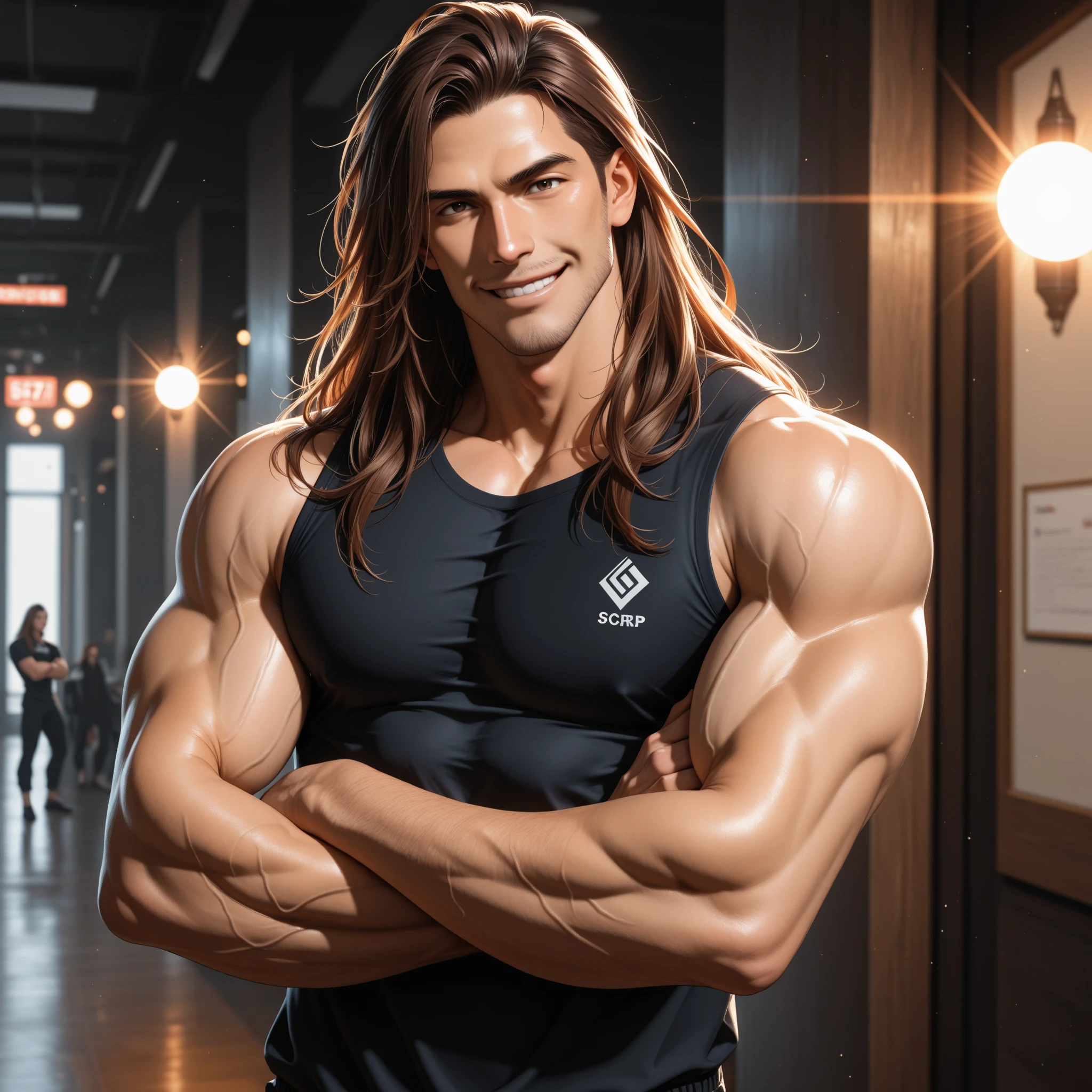 An attractive cowboy man with some belly fat, and big pecs with brown eyes, blue hair with purple touches on a hot day,  in red and purple  