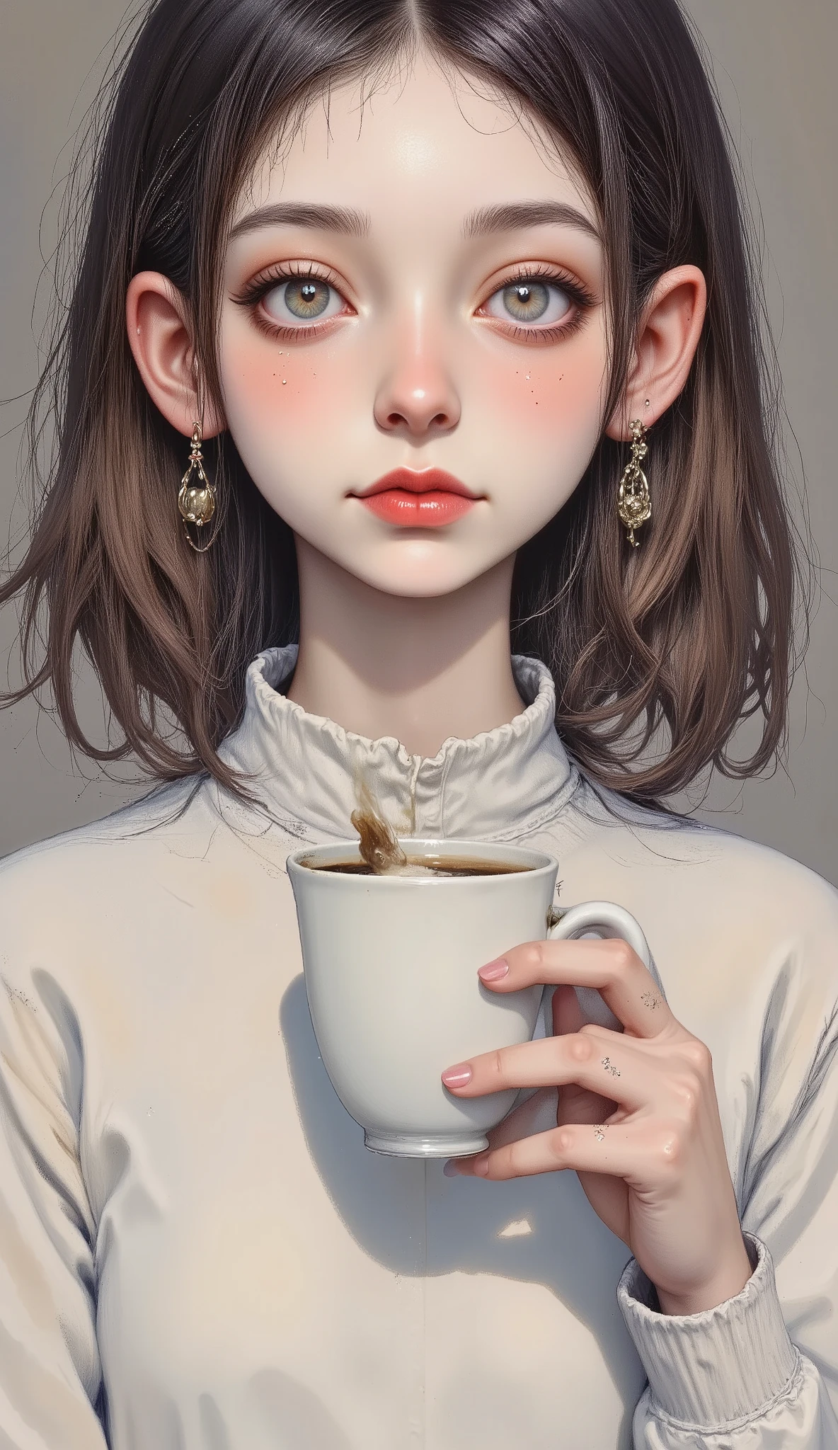 there is a girl holding a cup of coffee in her hand, pretty girl-fine face, beautiful natural anime face, with a cute face - fine -, sakimi-chan, chiho, Yoshitomo Nara, young cute face, beautiful Japanese girls young face , cabello castaño y ojos grandes, linda girl cute, big and beautiful eyes of light 