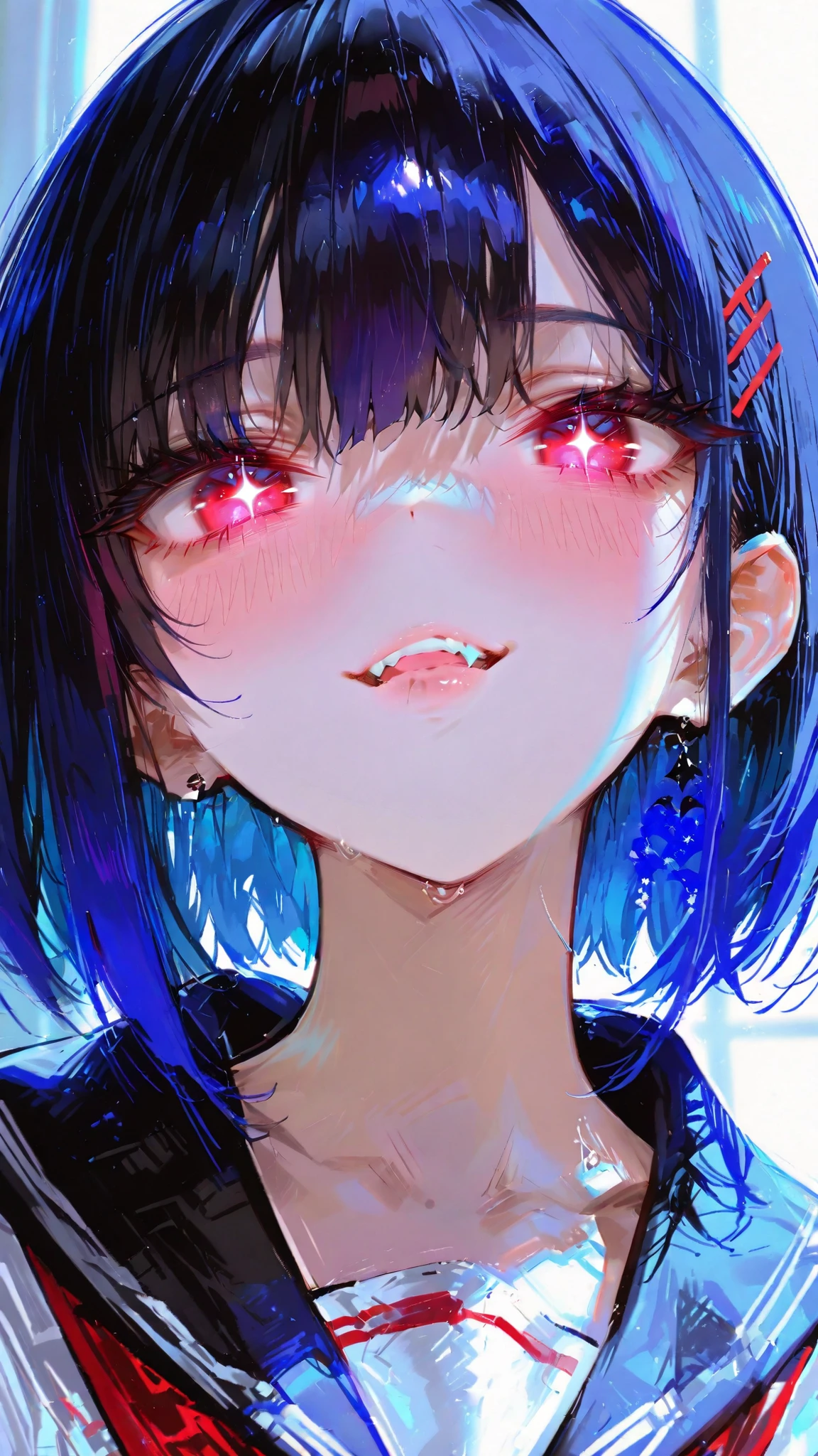 A beautiful anime girl giving a sharp glare while subtly blushing, showing that she’s actually in love. Her eyes look intense but her lips are slightly soft, expressing hidden affection. She stands close to the viewer as if trying to hide her embarrassment. Detailed eyes, glossy hair, soft lighting, expressive face, tsundere vibe, high-detail illustration, ultra clean line art.