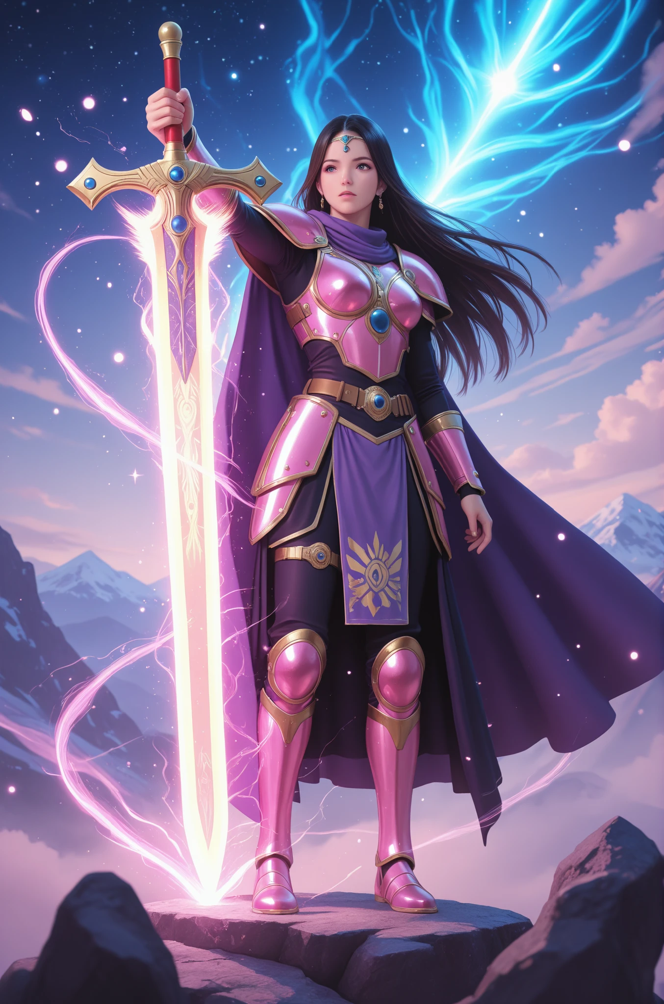 A beautiful female warrior clad in intricately ornate armor inspired by iconic Dragon Quest female fighters stands on a sacred mountaintop as a radiant god descends from the celestial realm. The divine deity, exuding luminous benevolence, reaches out to bestow upon her the legendary sacred sword. Bathed in a resplendent golden aura, the sword shimmers with ancient, mystical energy, its hilt adorned by a majestic dragon that awakens with divine light. Ethereal mists swirl around them while celestial beams illuminate the fateful moment of this sacred inheritance.