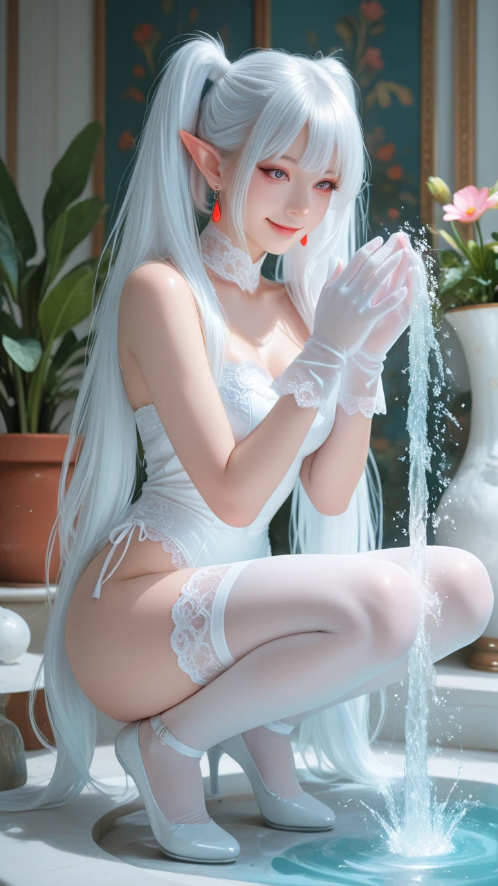 White silk pantyhose,open open mouth,spread their legs,Cute nose,cute and beautiful girl,The legs are relatively long,The ????? is relatively large,The ???? is facing me,The eyes are relatively large,Good facial features,Long hair，The reveal panties,The eyeballs are relatively large,sparkle in eyes,Tender feet,The nose is relatively large,White color hair,Raise your hands,Stick out her tongue，No shoes on，???,dual horsetail,Sweat all over the body,Lying on your stomach in the forest，The other touched her panties，There is a villa at the back，With a lollipop in his mouth，streaming tears，Urine leaking from under panties，Time stops in the air，16K resolution