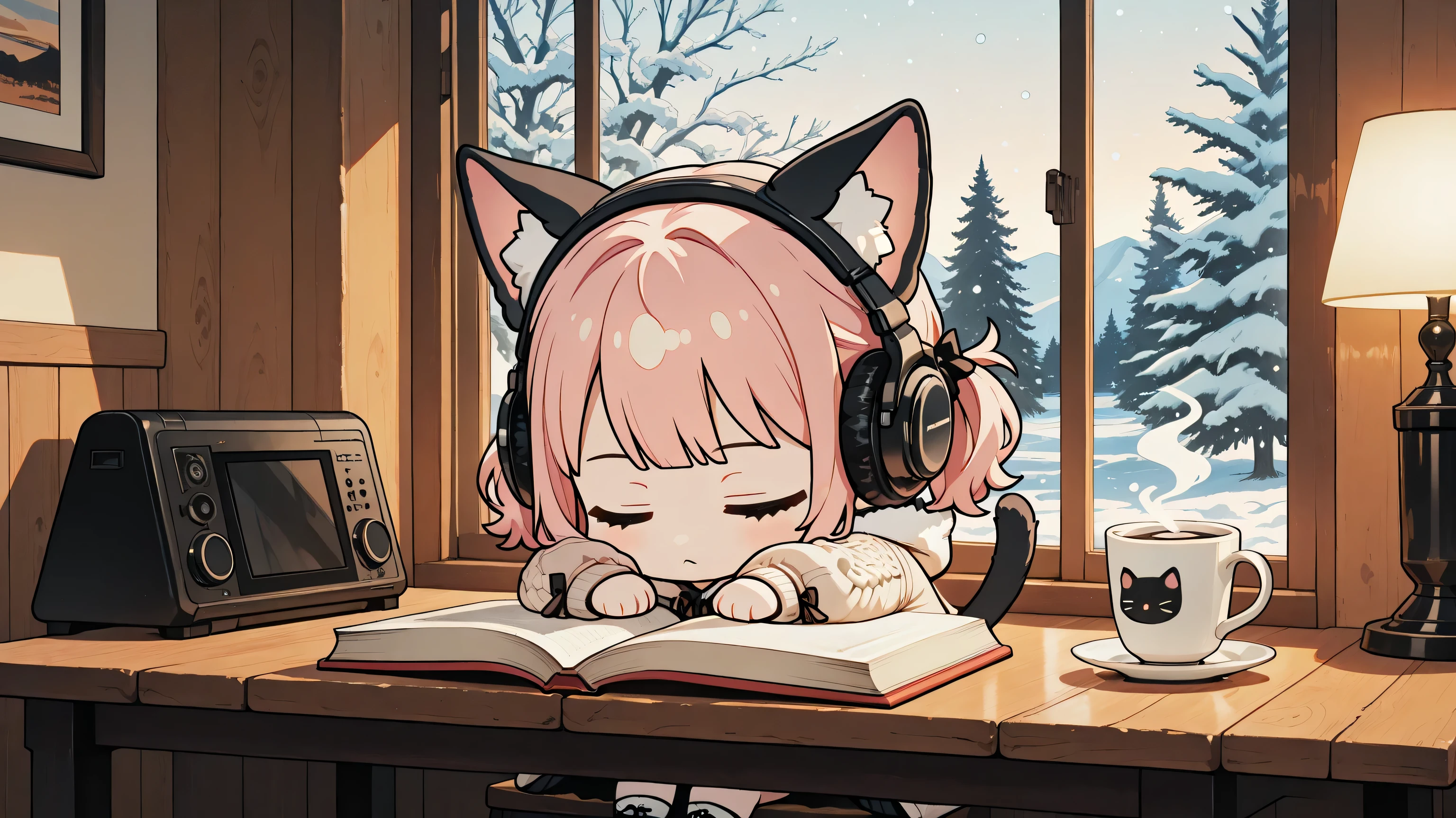 Chibi,(chibi:1.4),A cute anime girl with twin-tail cat ears hairstyle, soft fluffy cat tail, wearing a cozy winter outfit and warm jacket. She has headphones on her head, sitting in a warm, softly lit café. She is drinking from one cup of coffee, placed on the table beside an open book. A small kitten is curled up sleeping on the table. Warm wooden interior, soft ambient lights, steam gently rising from the single coffee cup. Outside the window, snow is falling heavily, creating a cold contrast to the cozy atmosphere inside. Highly detailed, warm tone, anime style, high resolution.