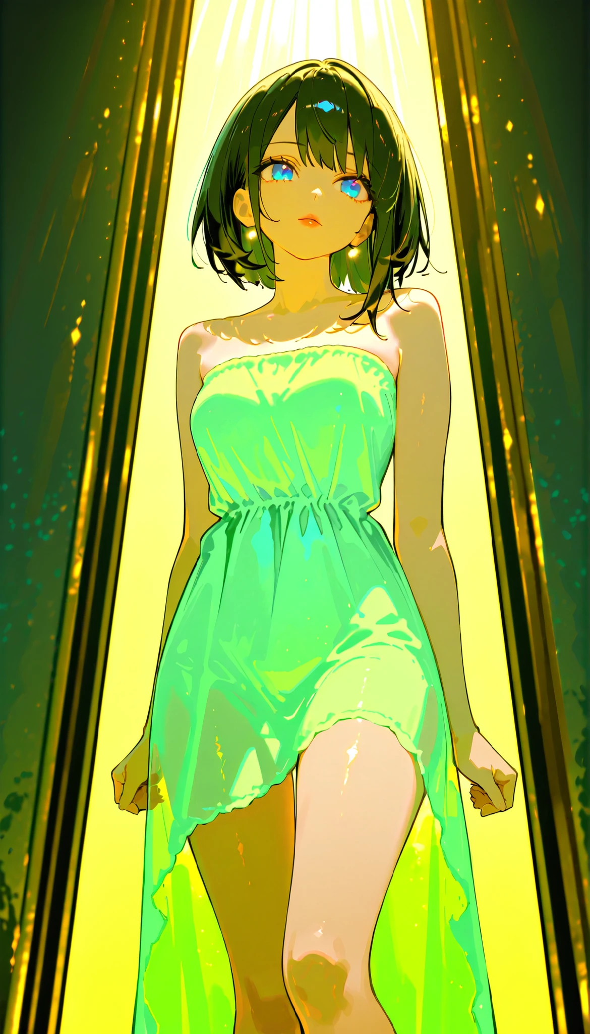 (RAW Photo), Absurd Resolution, Hyperrealism, Photorealism, Maximum Quality, 16k, Masterpiece, Ultra Detailed) (beautiful girl, 21 years old), (sharp pupil, blue eye), (black hair and brown extensions), (made-up, red lips), (woman wearing a short, strapless, sleeveless dress in a light green, thin fabric), (standing, beautiful, perfect legs), (background: a spectacular city street, skyscrapers), dynamic girl, light rays, volumetric lighting, (Photographic Perspective). «SunPuma S»