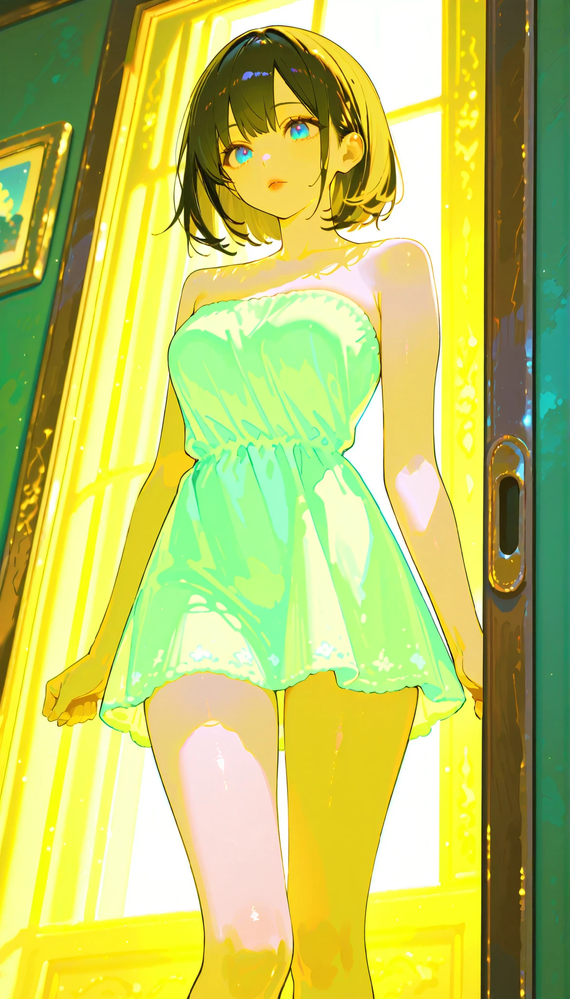 (RAW Photo), Absurd Resolution, Hyperrealism, Photorealism, Maximum Quality, 16k, Masterpiece, Ultra Detailed) (beautiful girl, 21 years old), (sharp pupil, blue eye), (black hair and brown extensions), (made-up, red lips), (woman wearing a short, strapless, sleeveless dress in a light green, thin fabric), (standing, beautiful, perfect legs), (background: a spectacular city street, skyscrapers), dynamic girl, light rays, volumetric lighting, (Photographic Perspective). «SunPuma S»