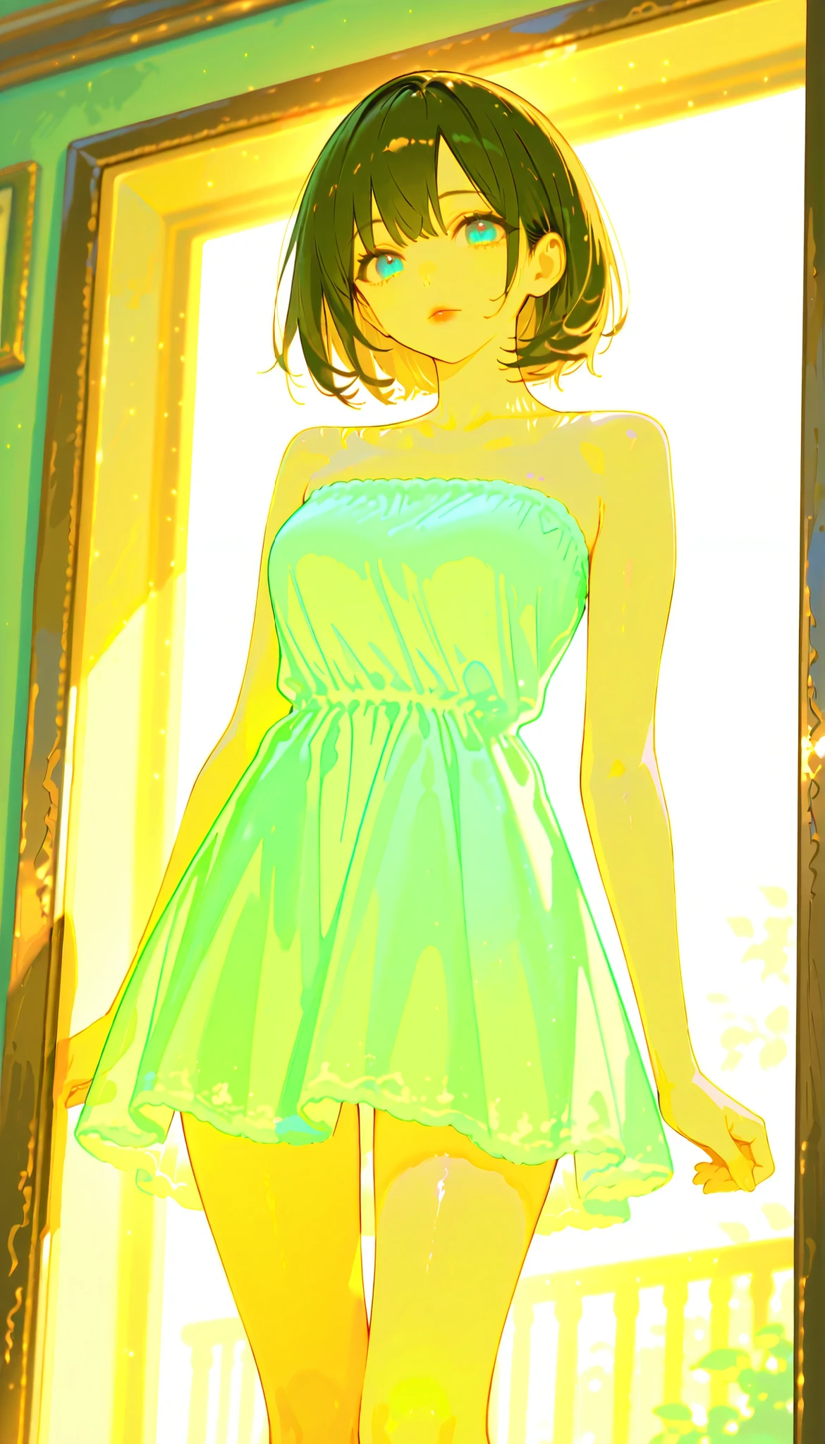 (RAW Photo), Absurd Resolution, Hyperrealism, Photorealism, Maximum Quality, 16k, Masterpiece, Ultra Detailed) (beautiful girl, 21 years old), (sharp pupil, blue eye), (black hair and brown extensions), (made-up, red lips), (woman wearing a short, strapless, sleeveless dress in a light green, thin fabric), (standing, beautiful, perfect legs), (background: a spectacular city street, skyscrapers), dynamic girl, light rays, volumetric lighting, (Photographic Perspective). «SunPuma S»