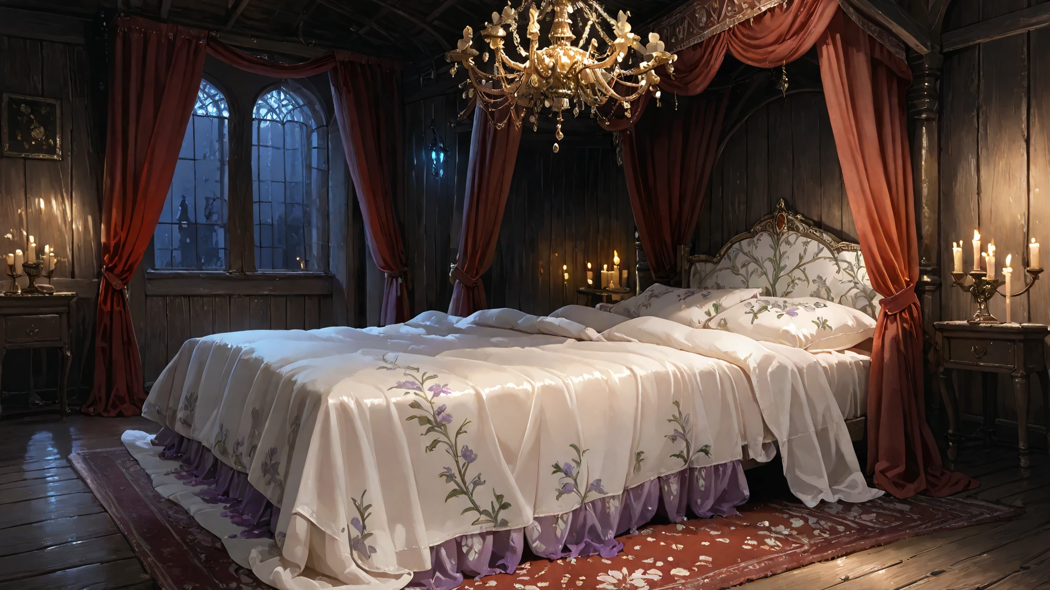(masterpiece, detailed:1.2),best quality,ultra high res,photorealistic,8K UHD,hyper-detailed, newest, medieval_brothel, (dim light:1.4), bedroom, canopy bed, wooden floor, wooden wall, candle, night, red curtains, carpet, window, indoors, luxurious, large bed, scattered big pillows, dark room, beautiful and aesthetic, deep shadow, fantasy theme, divine, window, canopy curtains, floral print bedsheets, giant chandelier sparkling above, Tyrian Irisation: When Imperial Purple Dissolves into Celestial Arcs, gem